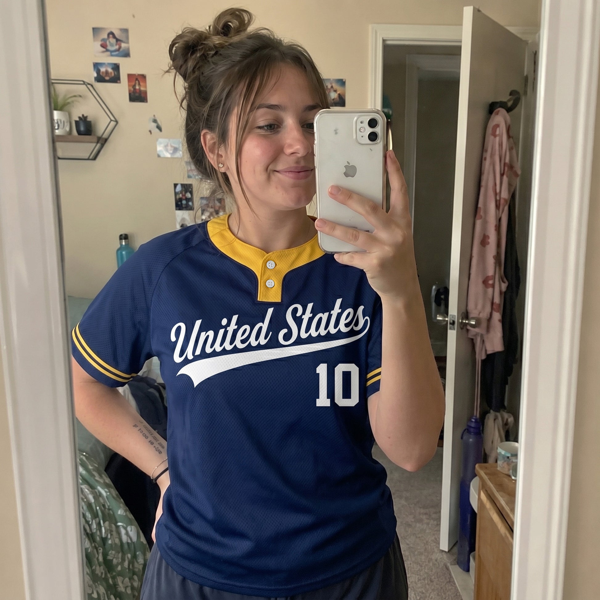Custom Two Button Softball Jersey Navy, Gold and White – Design Your Own