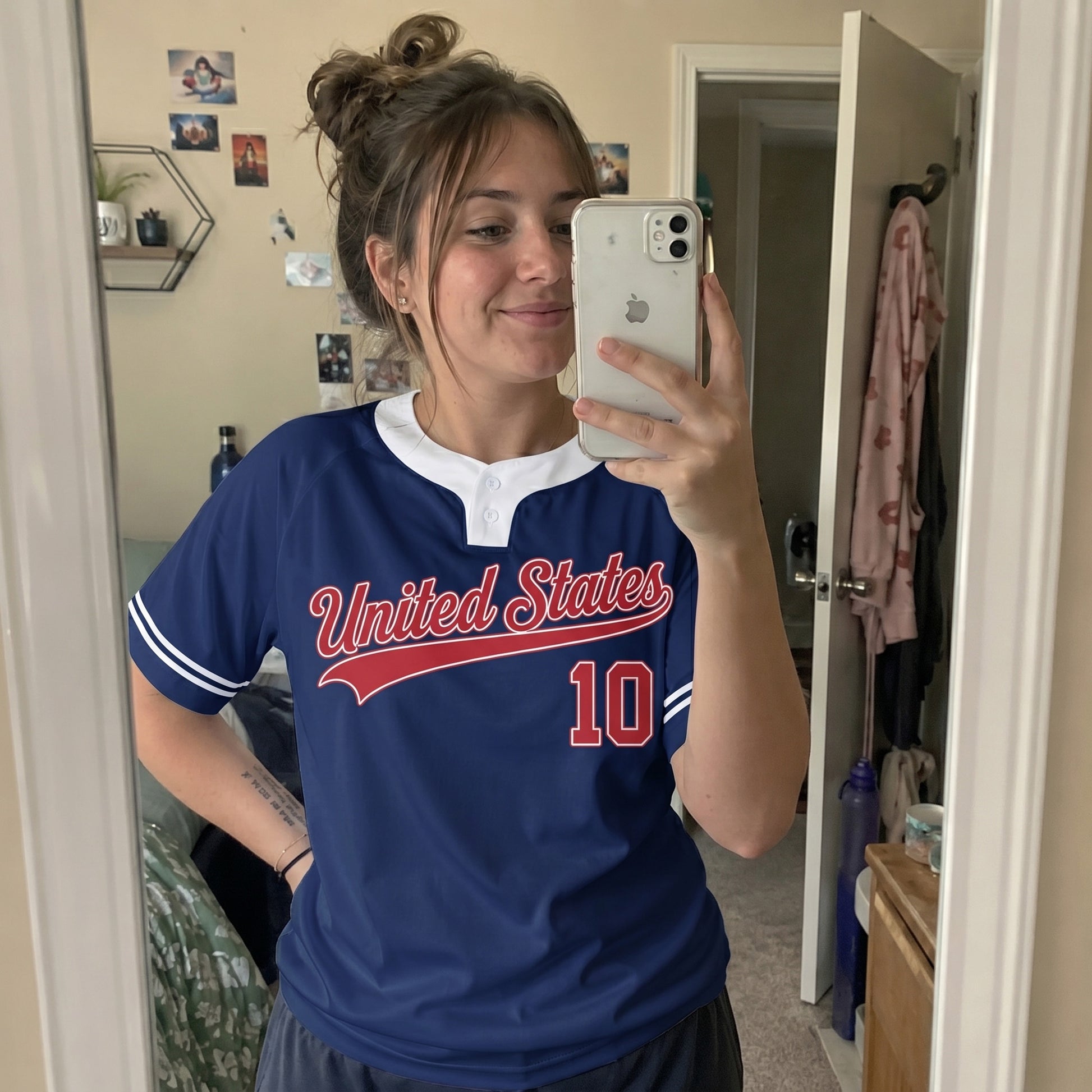 Custom Two Button Softball Jersey Navy, Red and White – Design Your Own