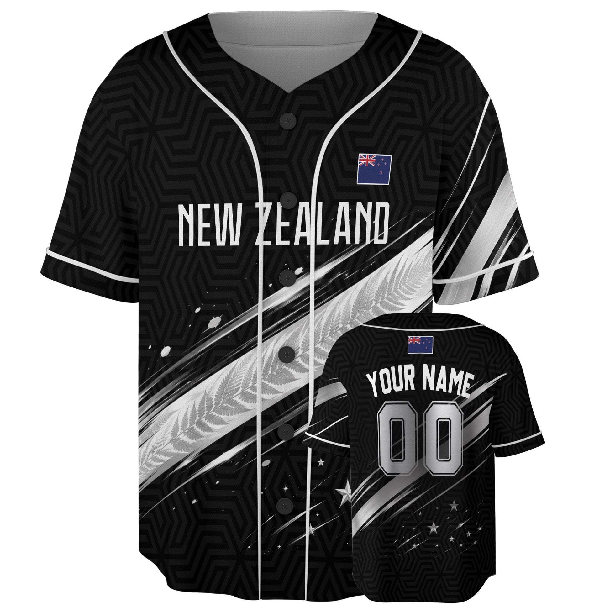 Custom New Zealand Baseball Jersey New Zealander Fan Geometric Fern Slash – Personalized Name Number