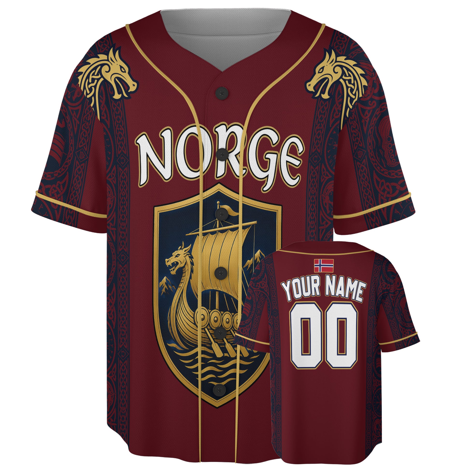 Custom Norway Baseball Jersey Norwegian Fan Viking Pattern – Personalized Name Number