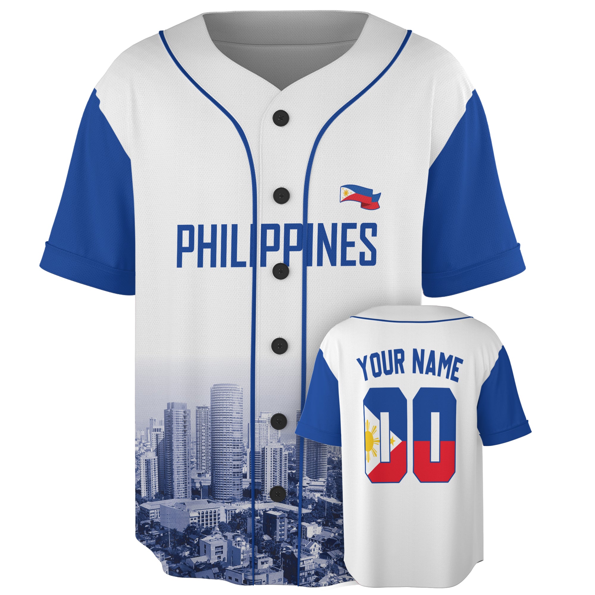 Custom Philippines Baseball Jersey Filipino Fan Cityscape White Blue – Personalized Name Number