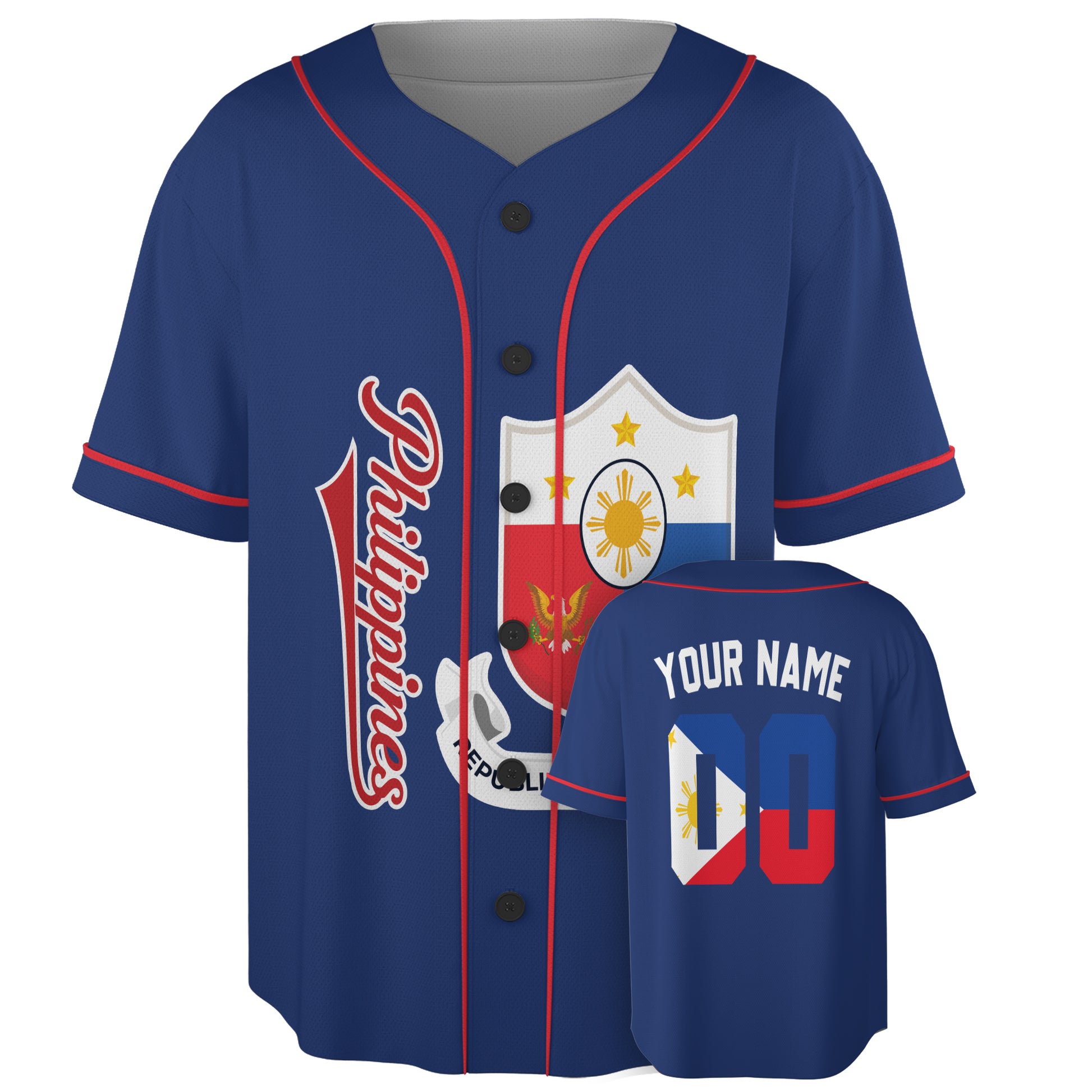 Custom Philippines Baseball Jersey Filipino Fan Script Crest Blue – Personalized Name Number
