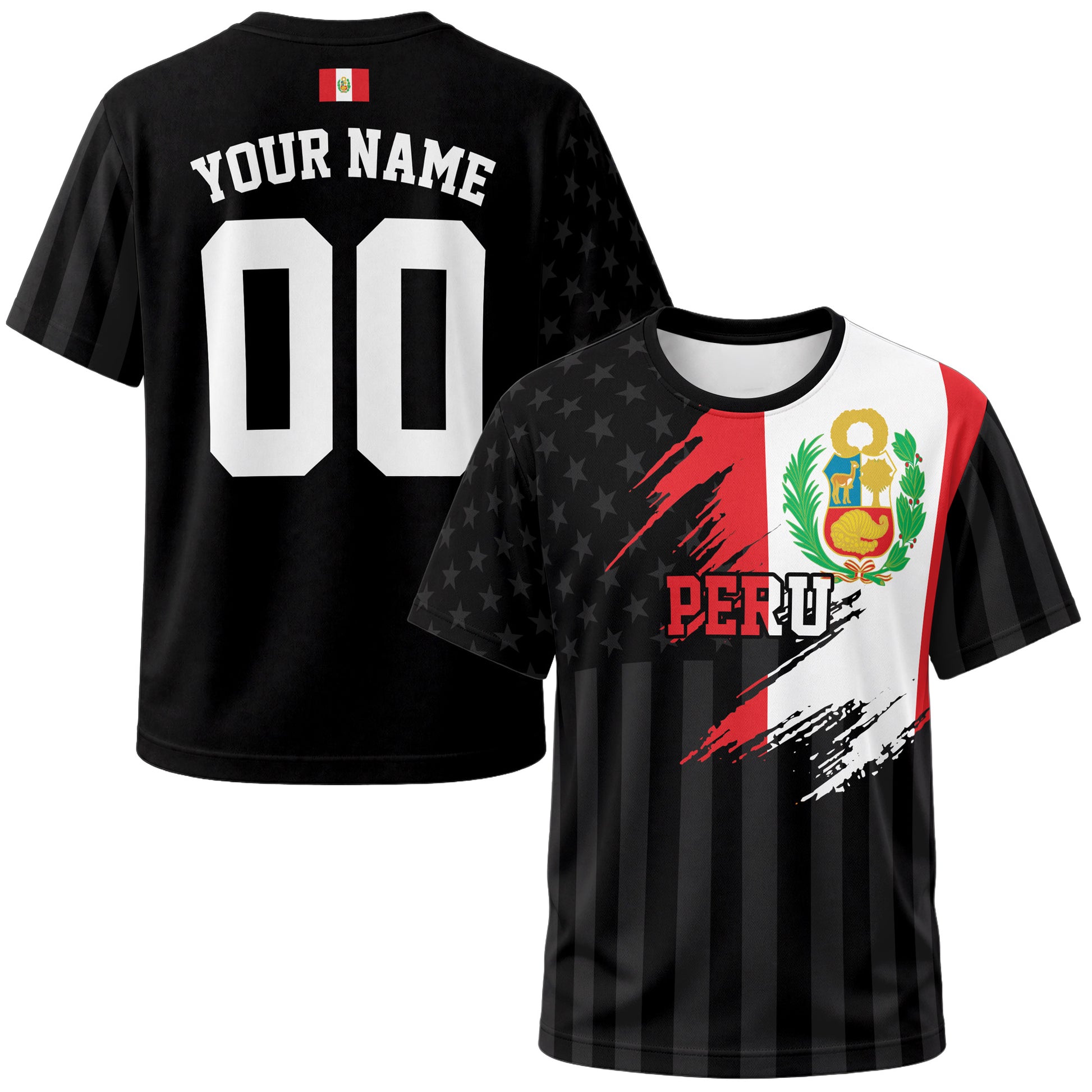 Custom Peru Soccer Jersey Peruvian Fan Flag Black – Personalized Name Number