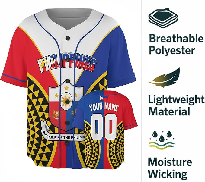 Custom Philippines Baseball Jersey Filipino Fan Script Crest Blue – Personalized Name Number
