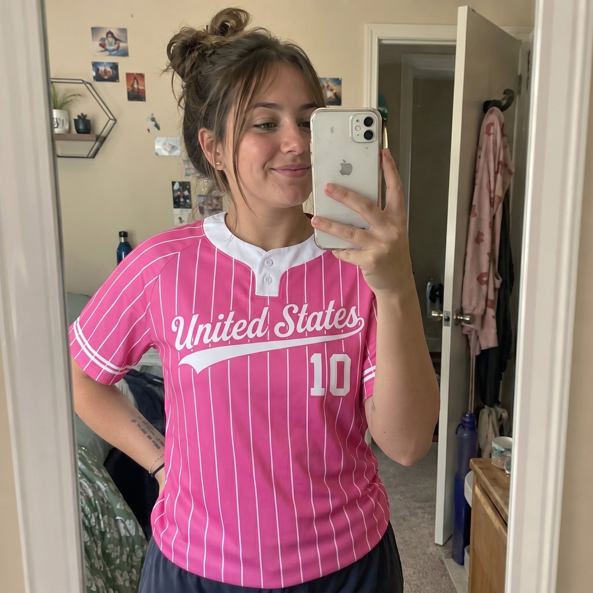 Custom Two Button Softball Jersey Pink and White Pinstripe – Design Your Own