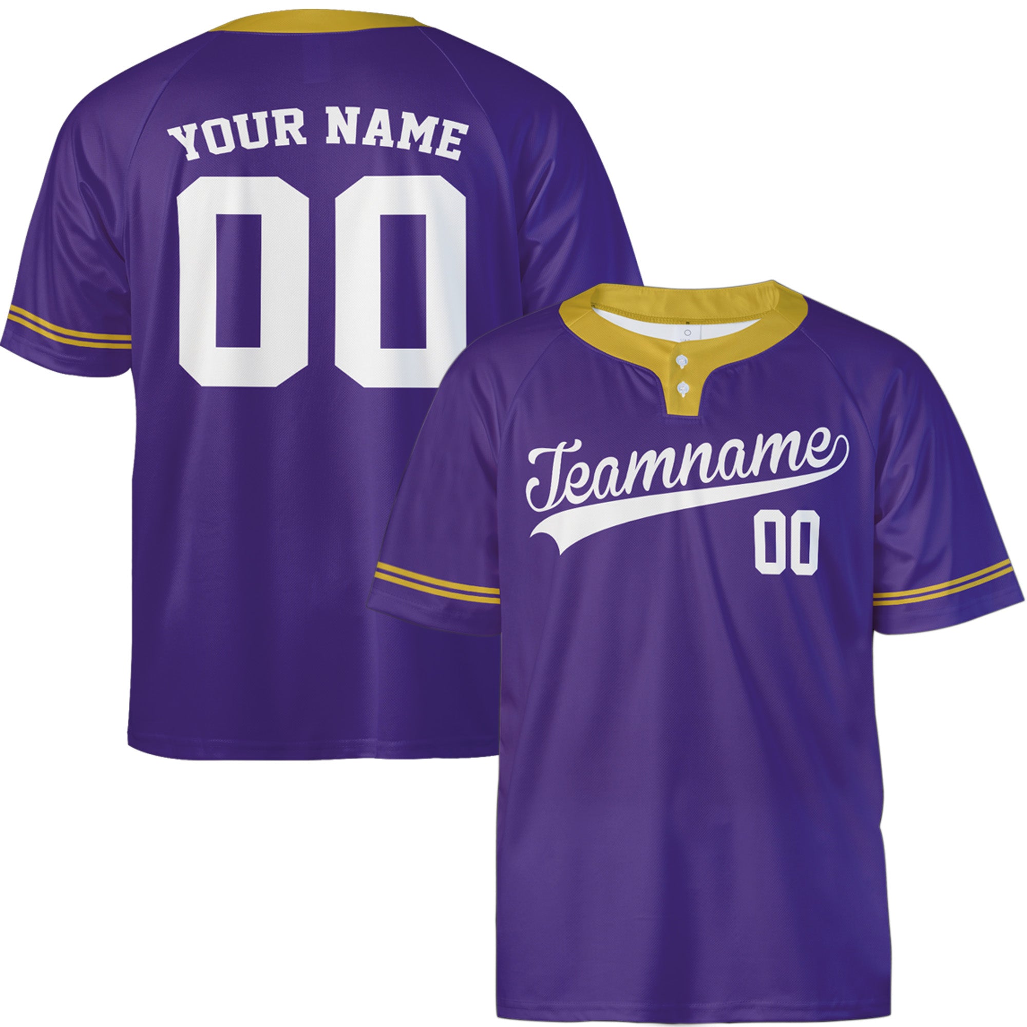 Custom Two Button Softball Jersey Purple, Gold and White – Design Your Own