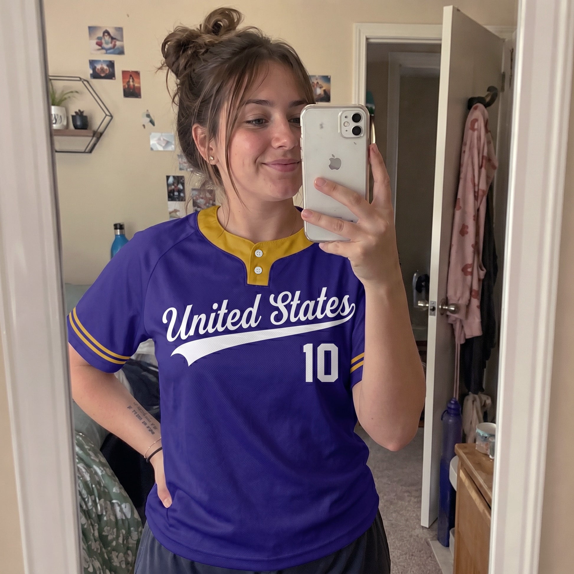 Custom Two Button Softball Jersey Purple, Gold and White – Design Your Own