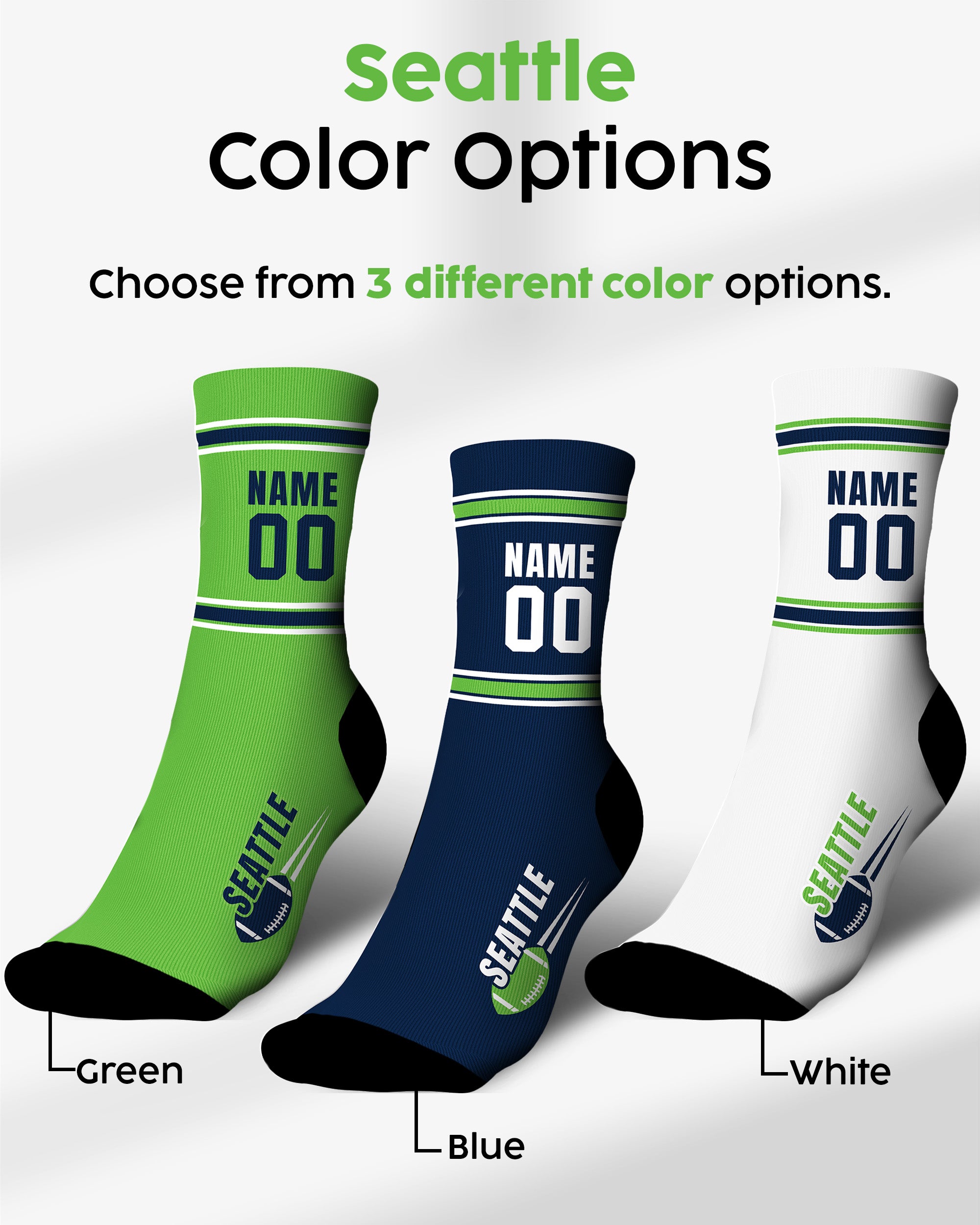 Custom City Sports Socks Seattle White - Personalized Name Number