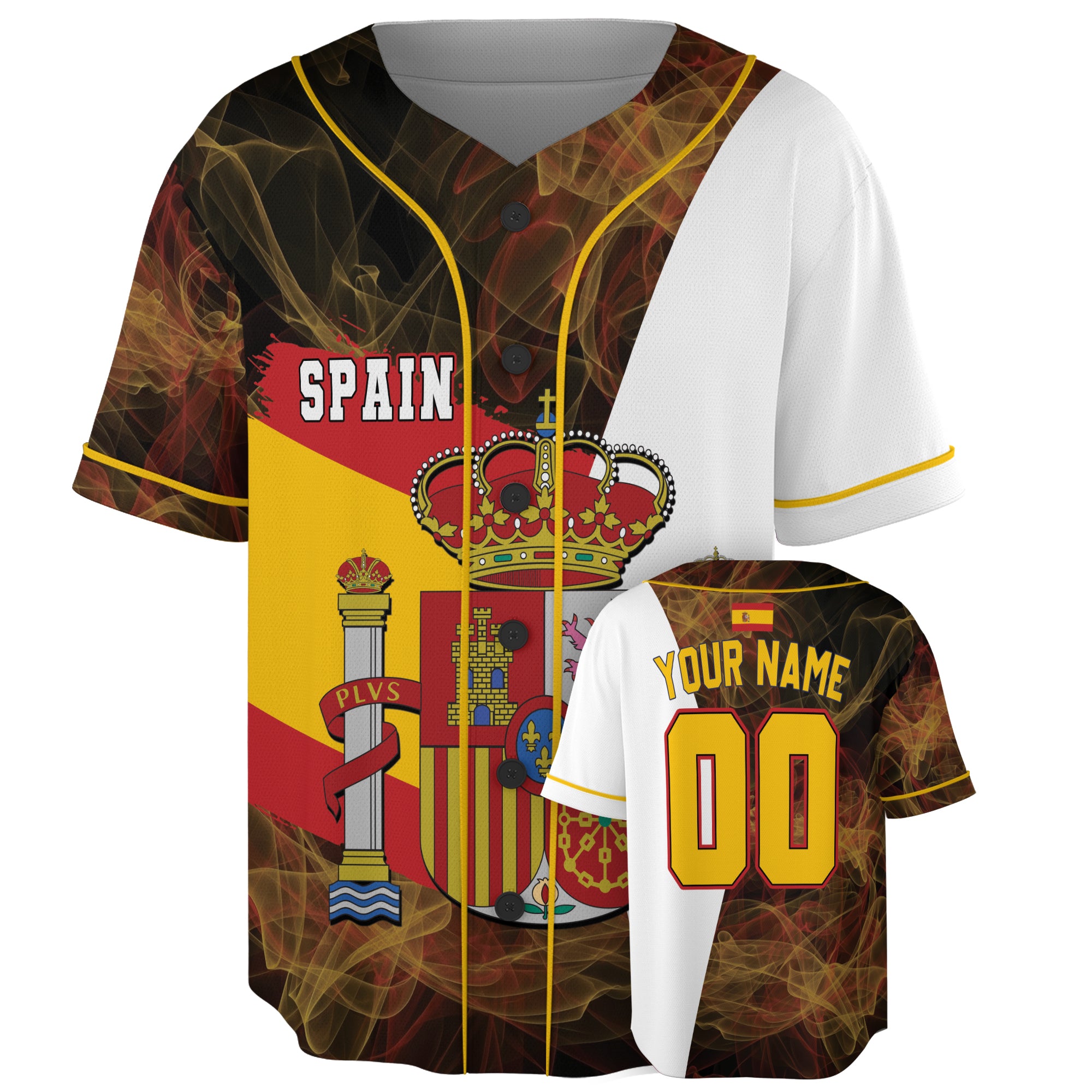 Custom Spain Baseball Jersey Spanish Fan Royal Fire Crest – Personalized Name Number