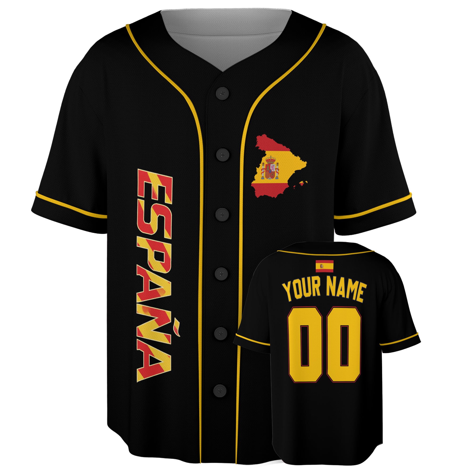 Custom Spain Baseball Jersey Spanish Fan Black Gold Classic – Personalized Name Number
