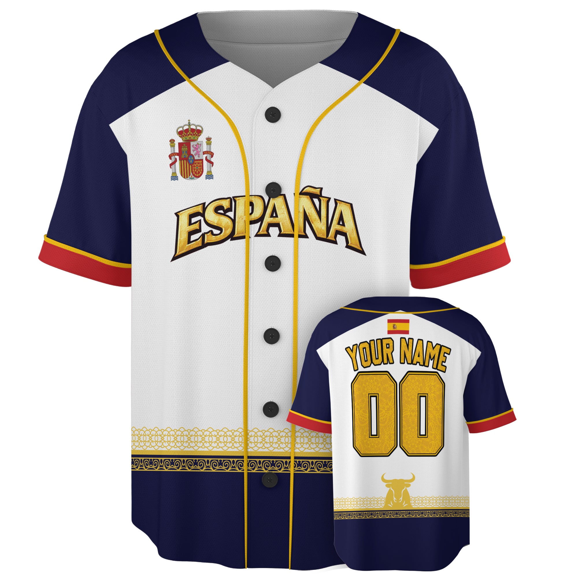Custom Spain Baseball Jersey Spanish Fan Royal Trim Classic – Personalized Name Number