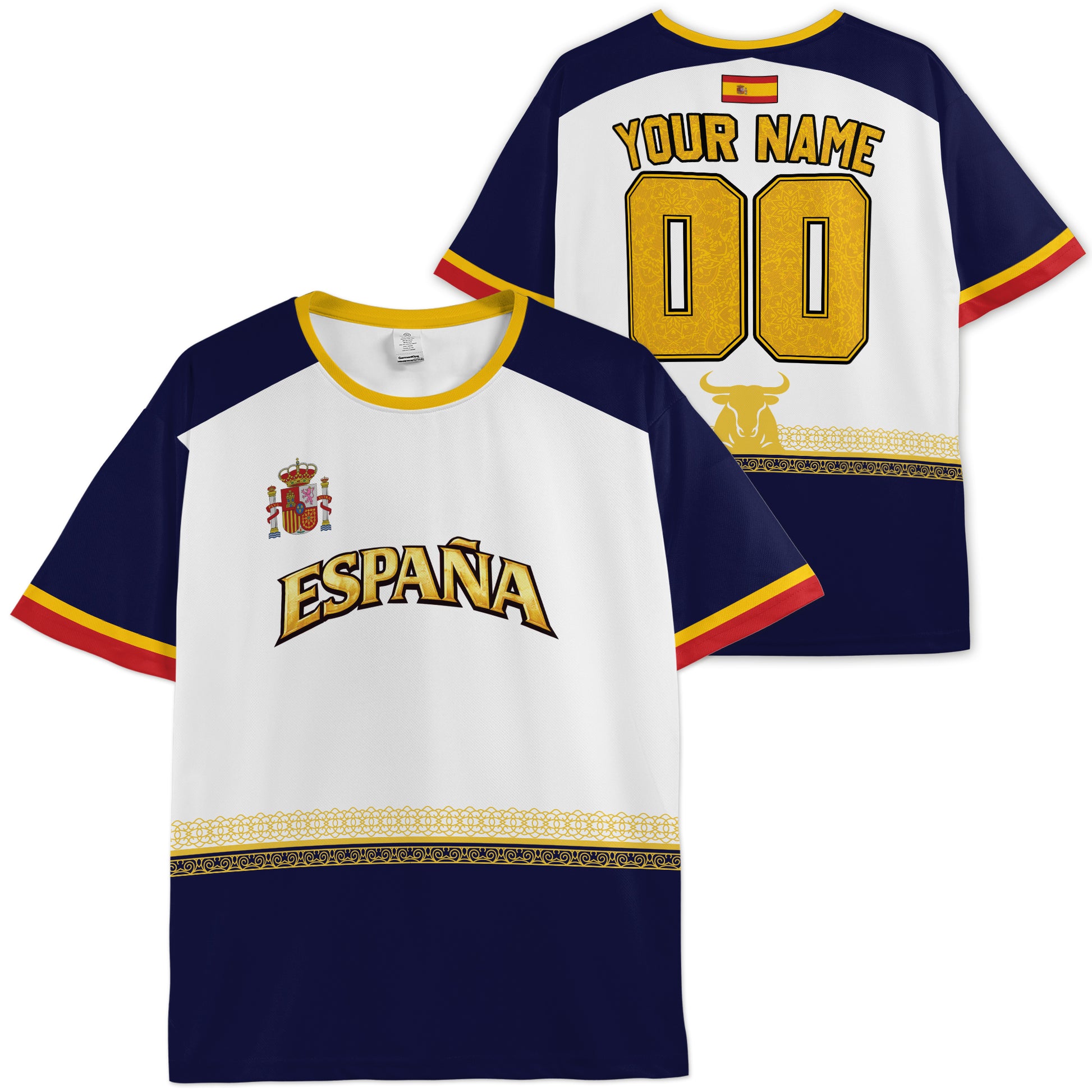 Custom Spain Soccer Jersey Spanish Fan Royal Trim Classic - Personalized Name Number