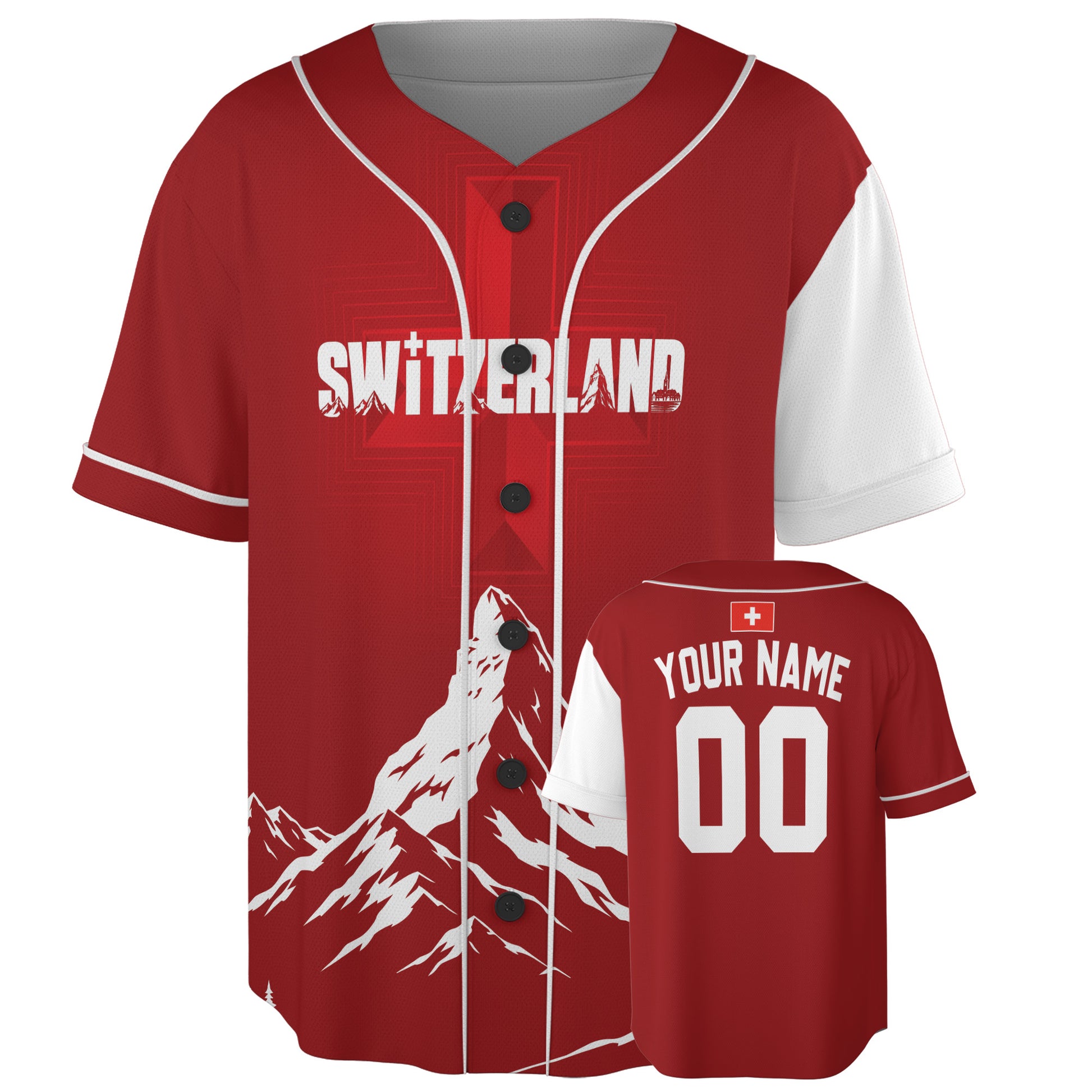 Custom Switzerland Baseball Jersey Swiss Fan Mountain Pattern – Personalized Name Number