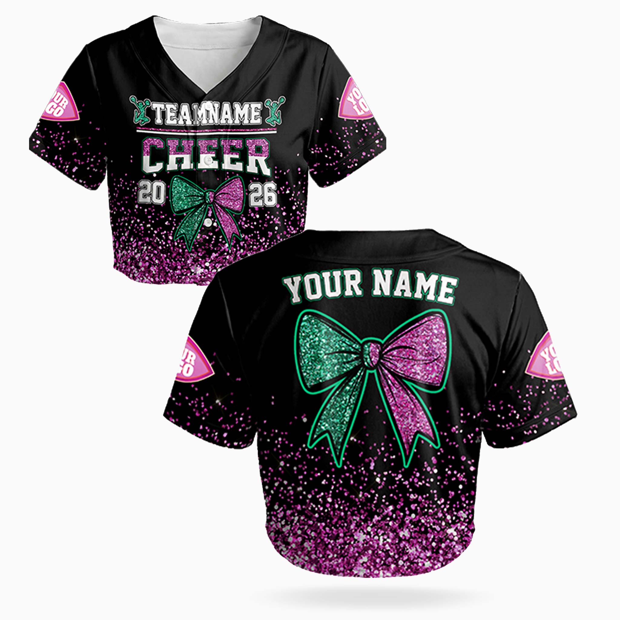 Custom Cheer Crop Baseball Jersey Bow Design Teal and Pink - Design Your Own