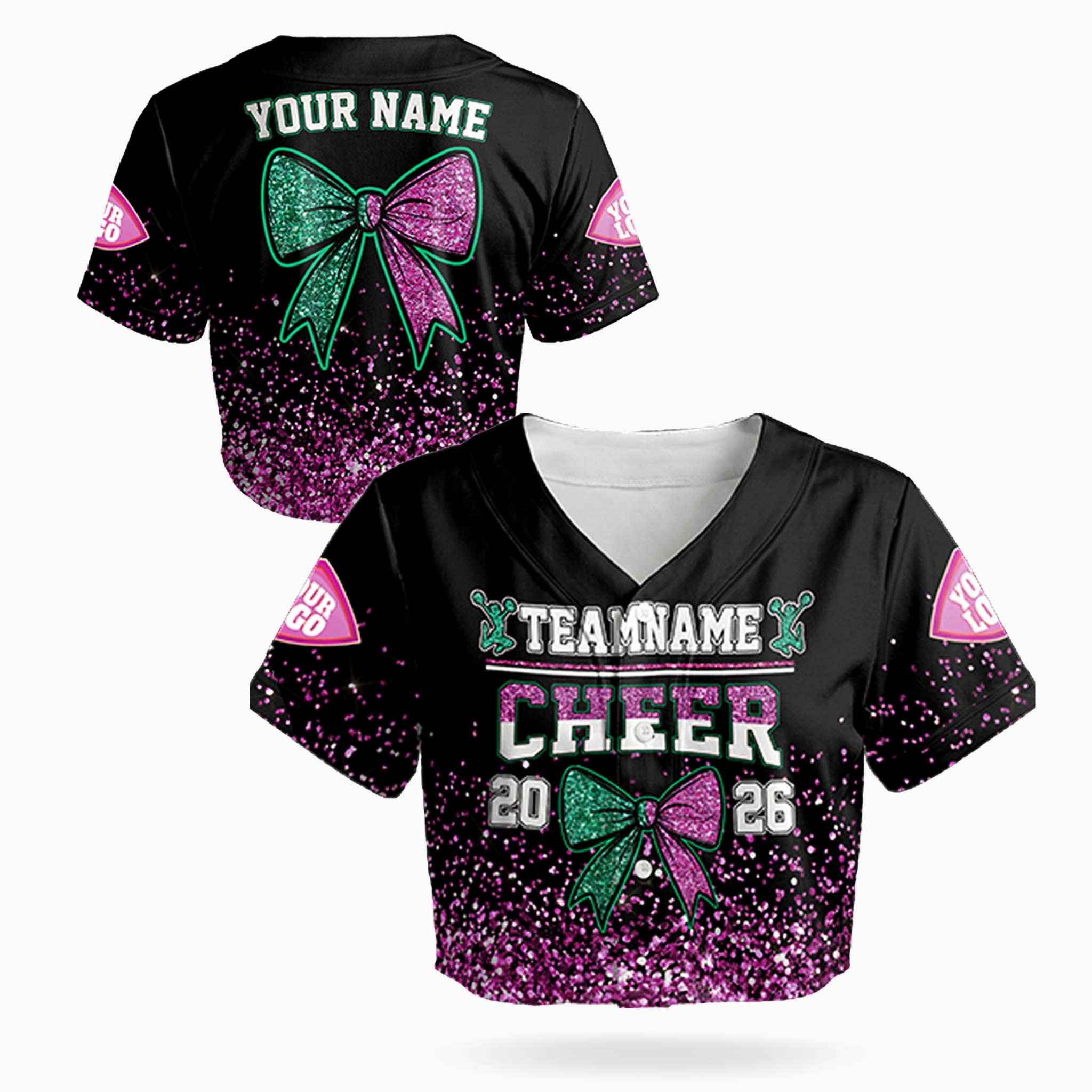 Custom Cheer Crop Baseball Jersey Bow Design Teal and Pink - Design Your Own