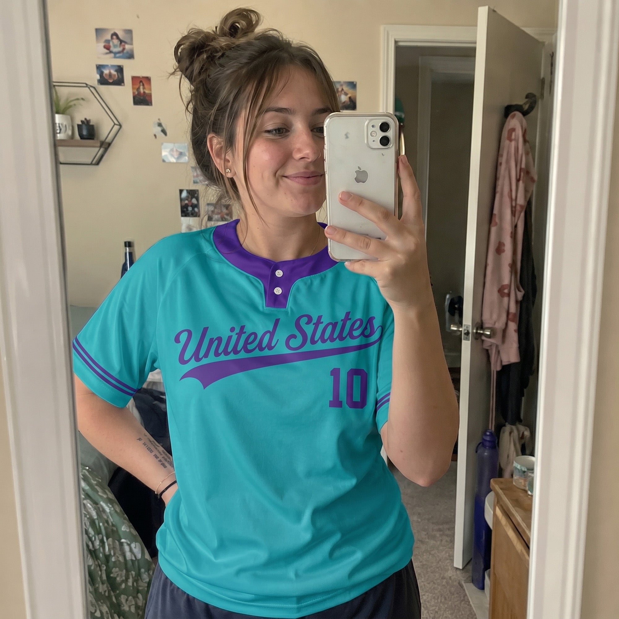 Custom Two Button Softball Jersey Teal and Purple – Design Your Own