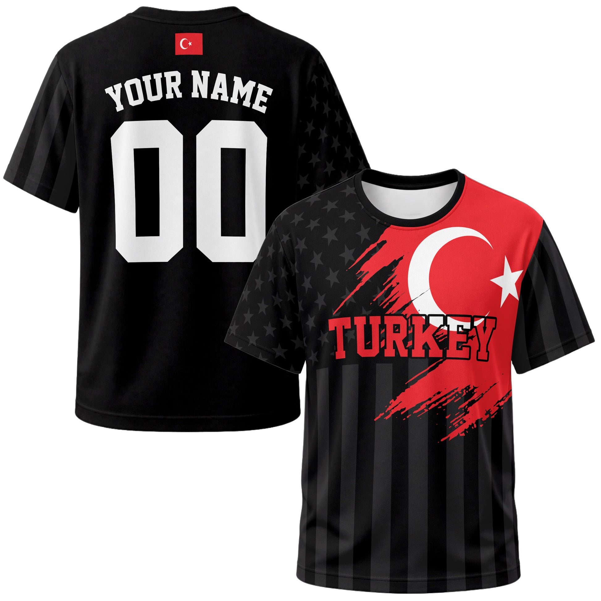 Custom Türkiye Turkey Soccer Jersey Turkish Fan Flag Black – Personalized Name Number