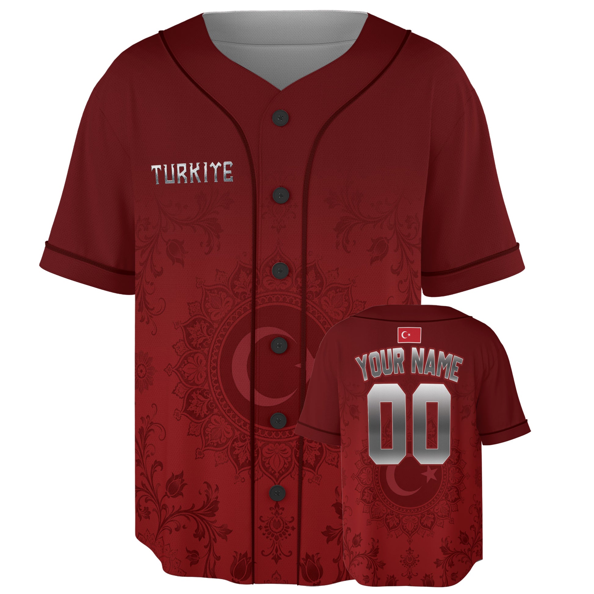 Custom Türkiye Turkey Baseball Jersey Turkish Fan Mandala Floral – Personalized Name Number