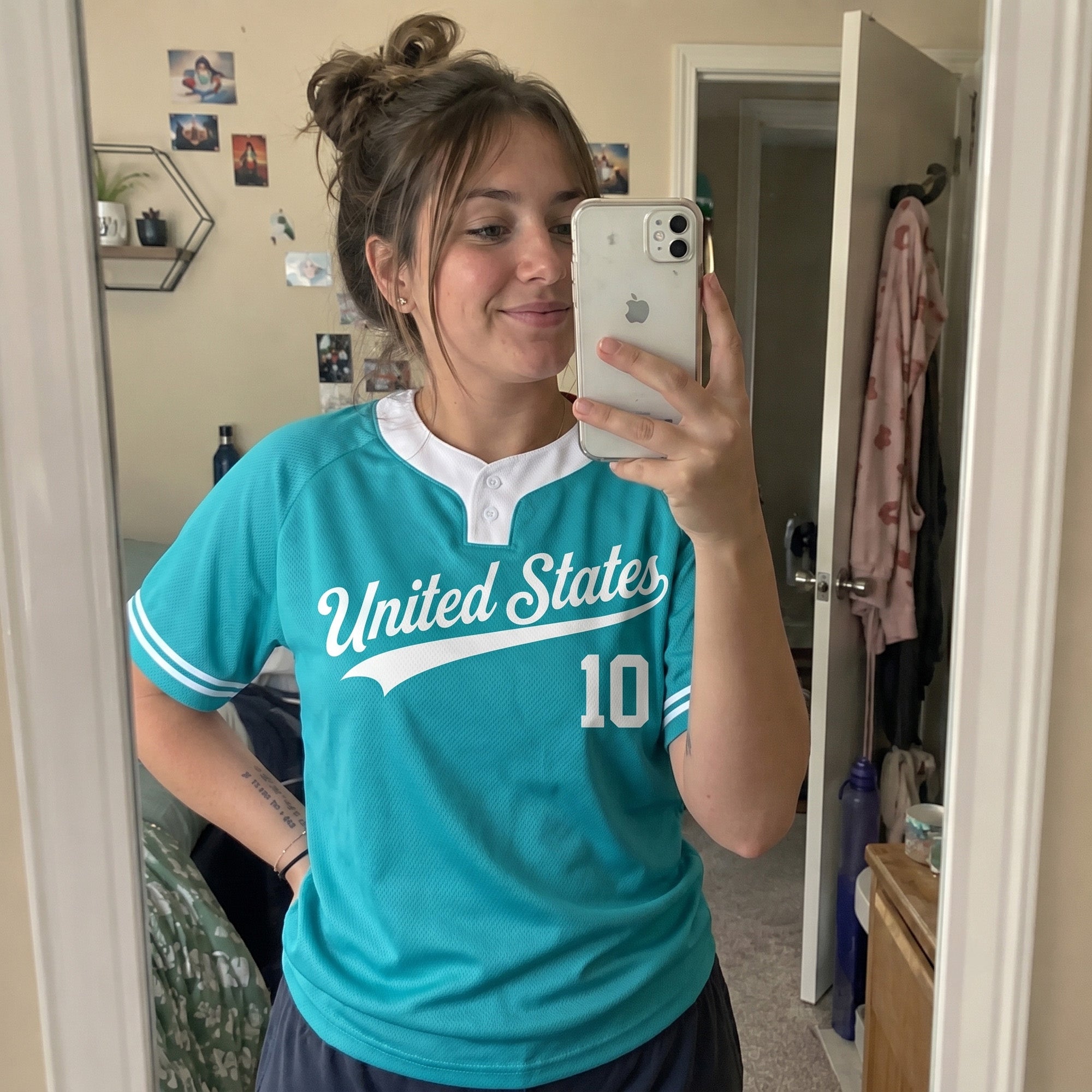 Custom Two Button Softball Jersey Turquoise and White – Design Your Own