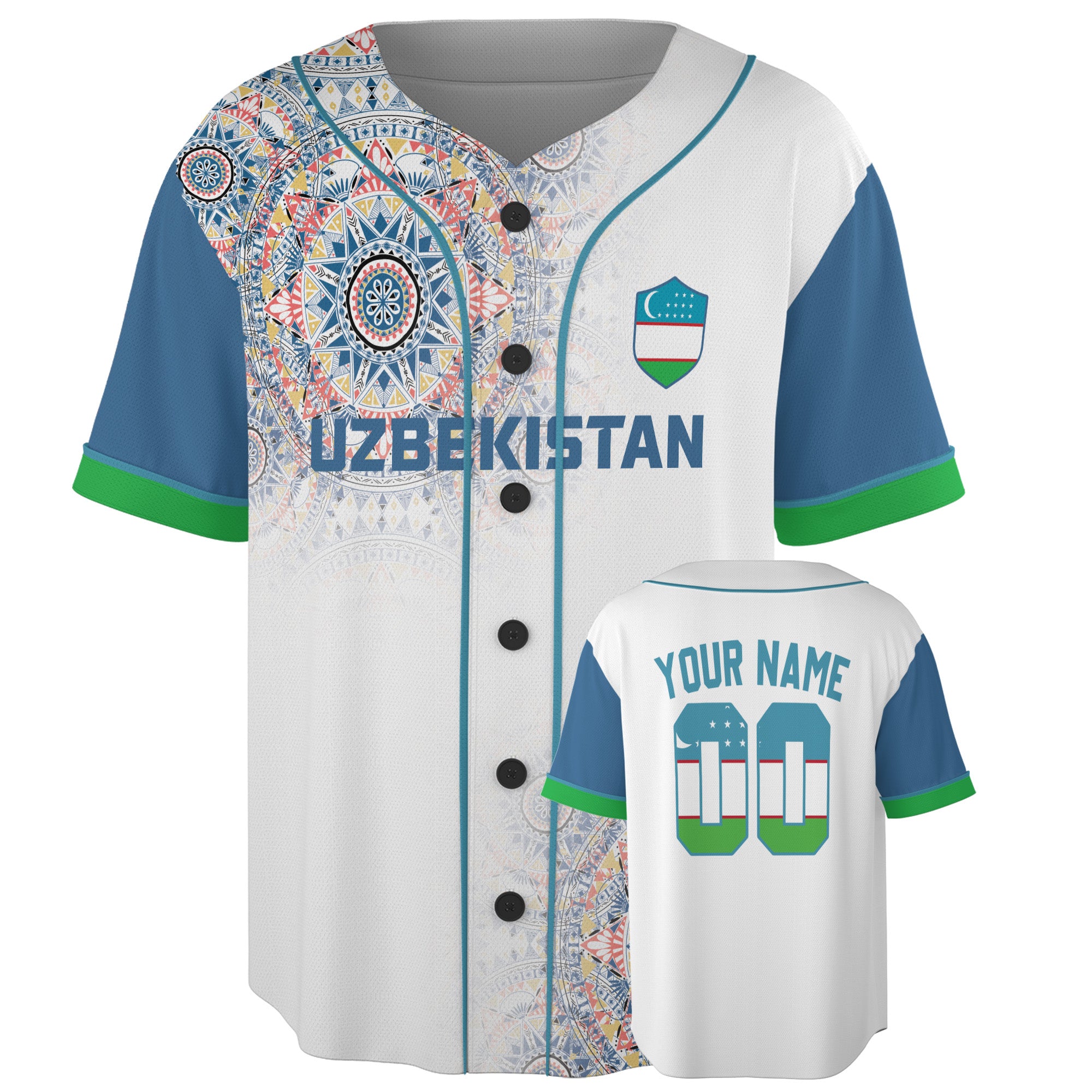 Custom Uzbekistan Baseball Jersey Uzbek Fan Mandala Pattern – Personalized Name Number