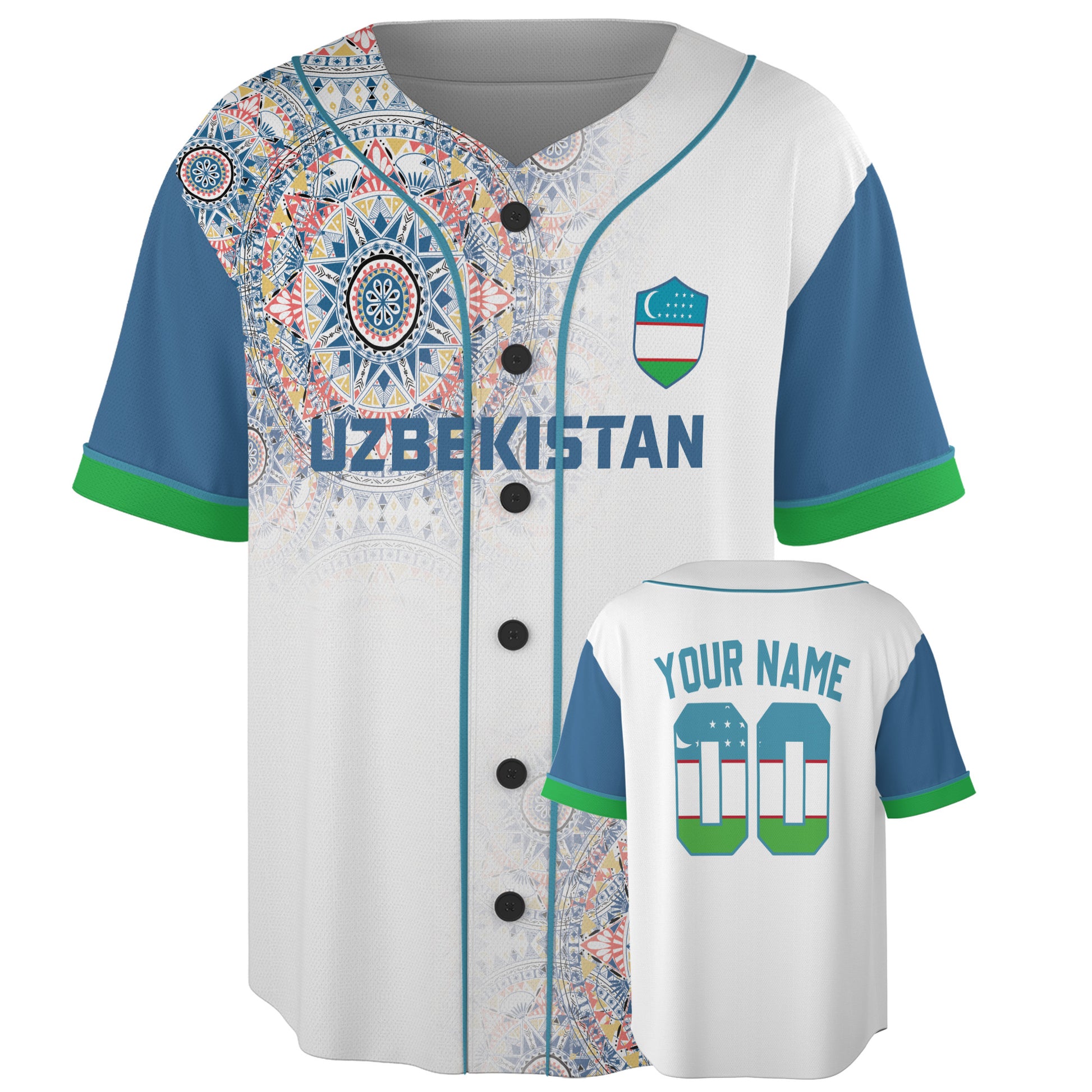Custom Uzbekistan Baseball Jersey Uzbek Fan Mandala Pattern – Personalized Name Number