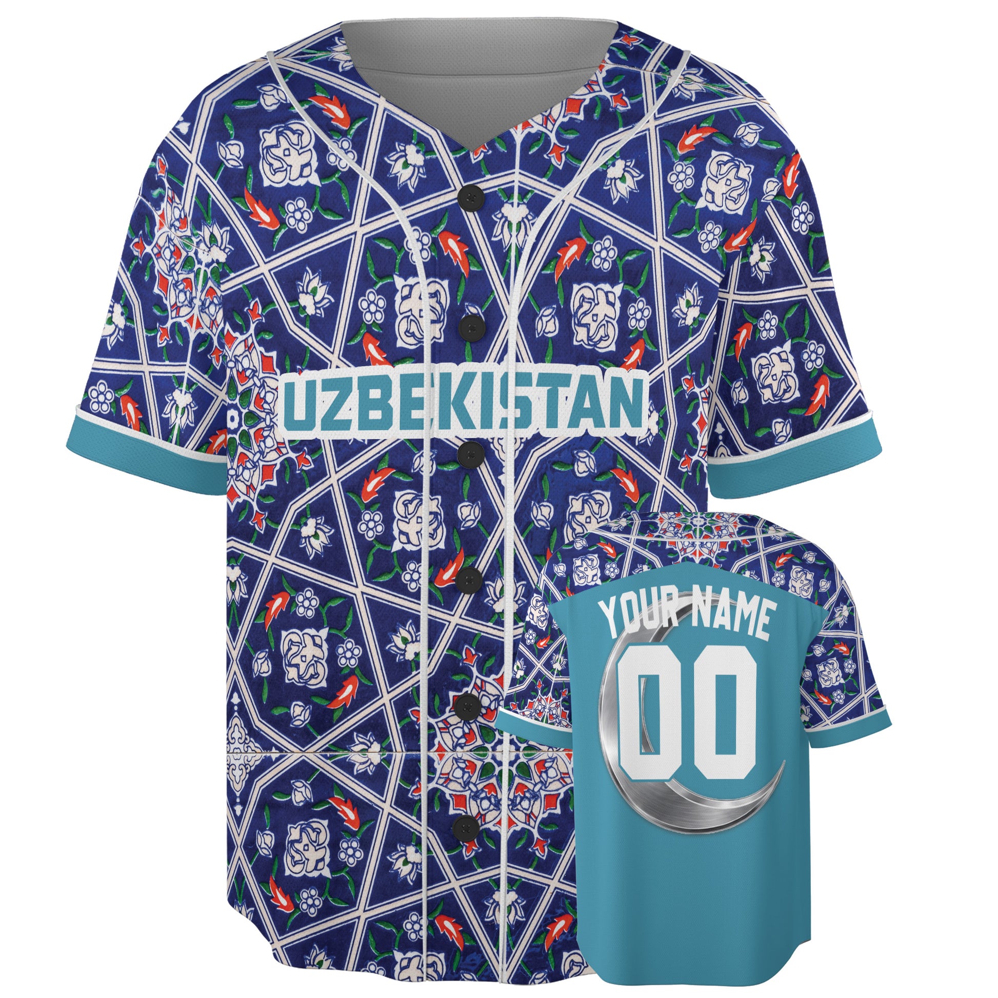 Custom Uzbekistan Baseball Jersey Uzbek Fan Traditional Mosaic Pattern – Personalized Name Number