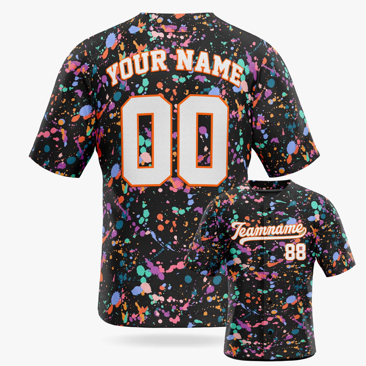 Custom Baseball Jersey White and Orange Paint Splatter - Design Your Own