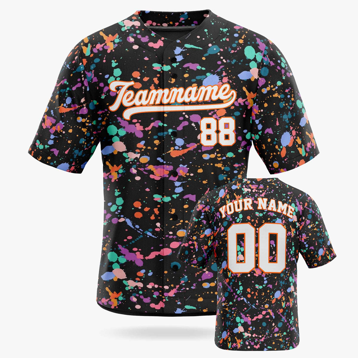Custom Baseball Jersey White and Orange Paint Splatter - Design Your Own