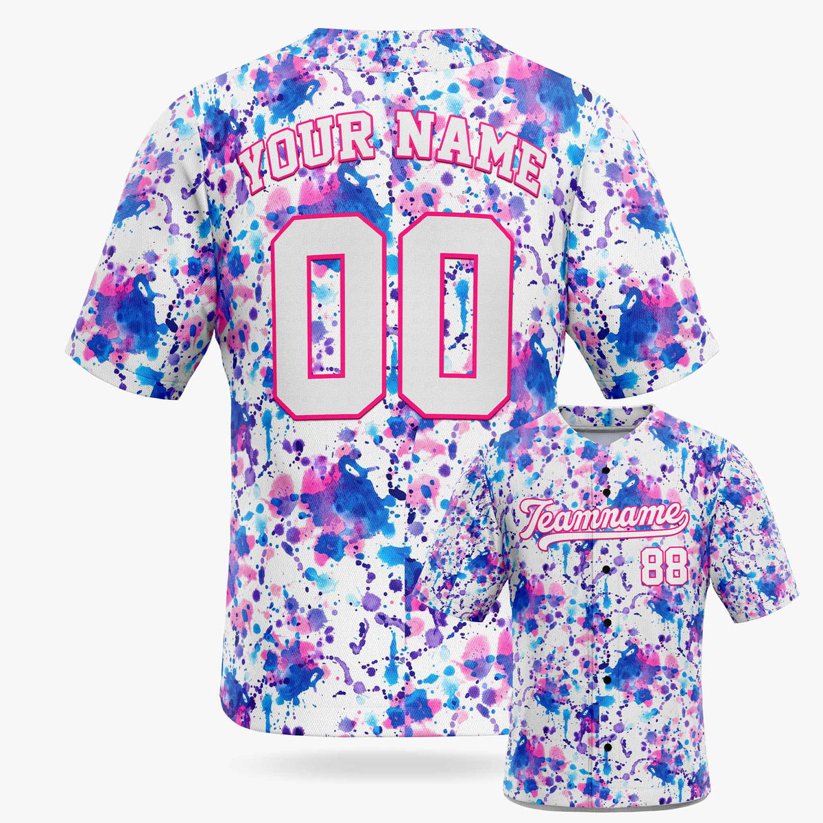 Custom Baseball Jersey White Royal and Pink Watercolor - Design Your Own