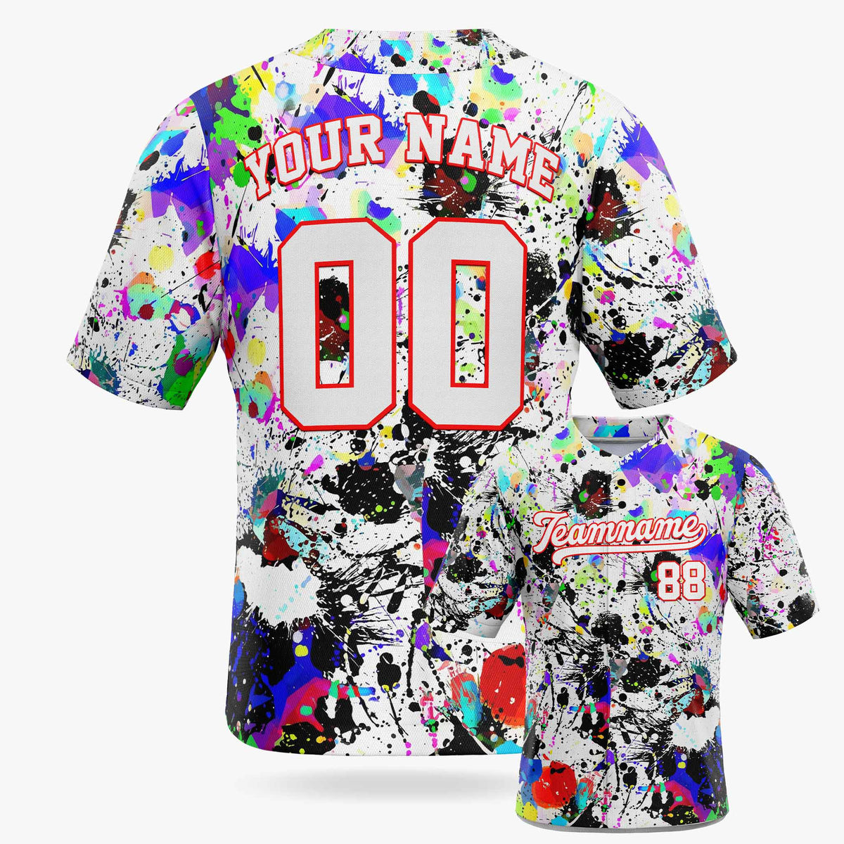 Custom Baseball Jersey White and Red Paint Splatter - Design Your Own