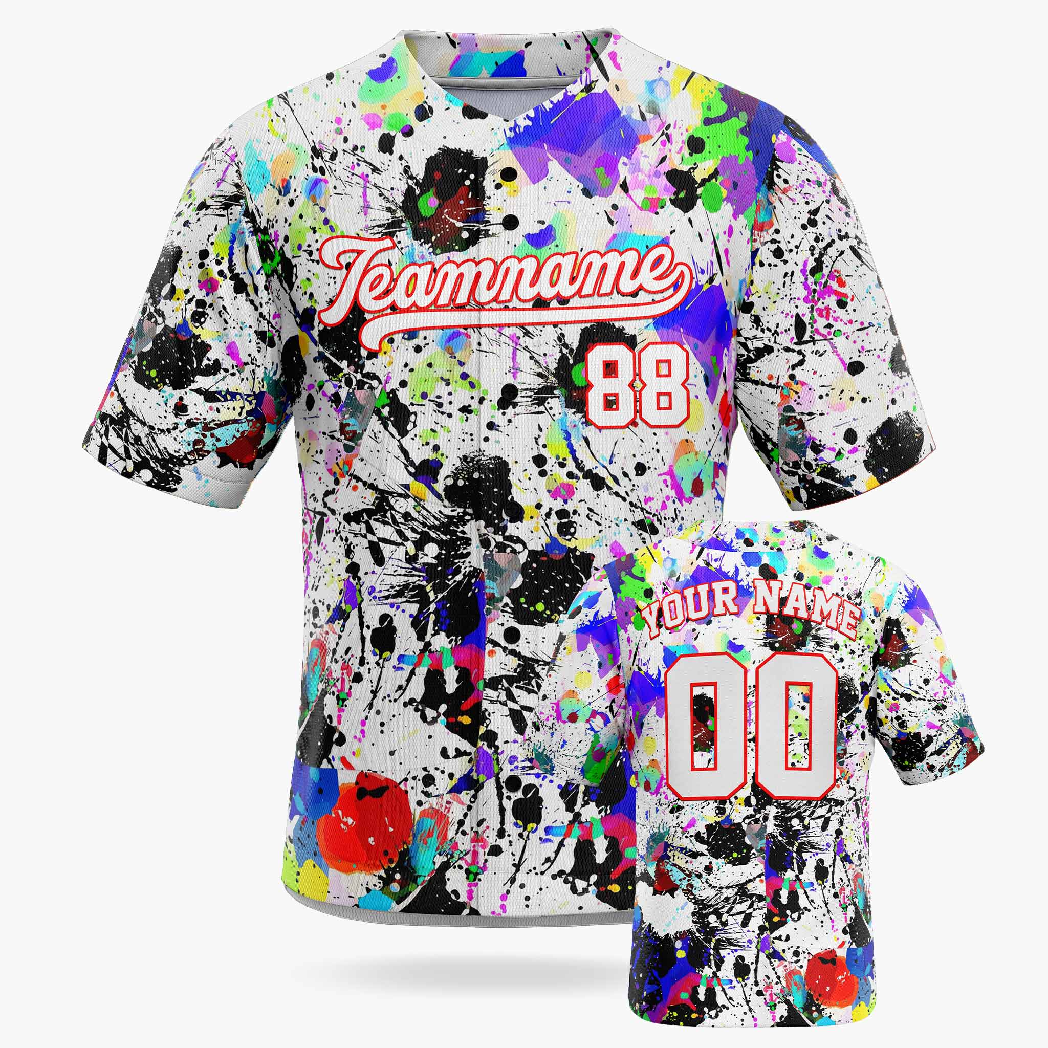Custom Baseball Jersey White and Red Paint Splatter - Design Your Own