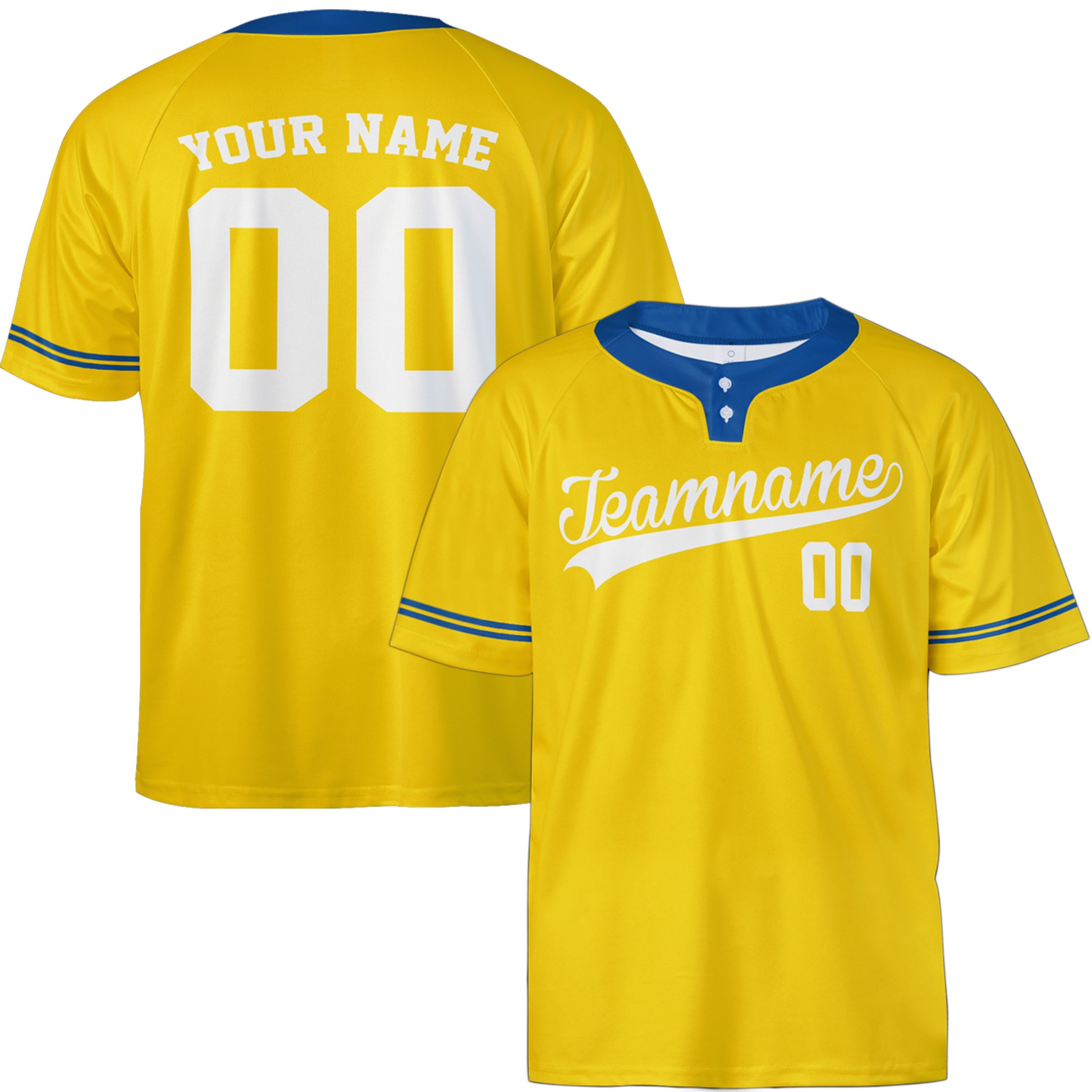 Custom Two Button Softball Jersey Yellow, Blue and White – Design Your Own