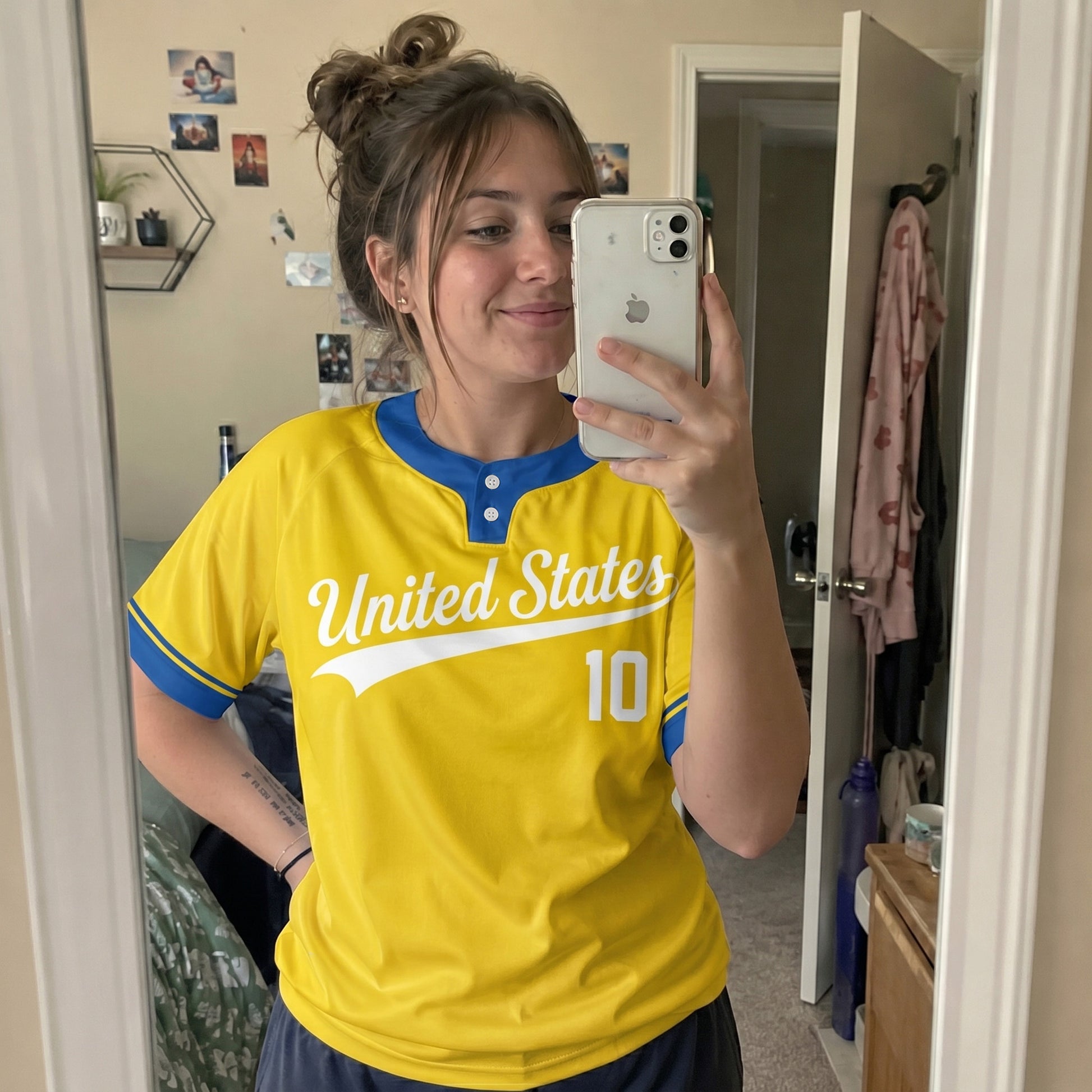 Custom Two Button Softball Jersey Yellow, Blue and White – Design Your Own