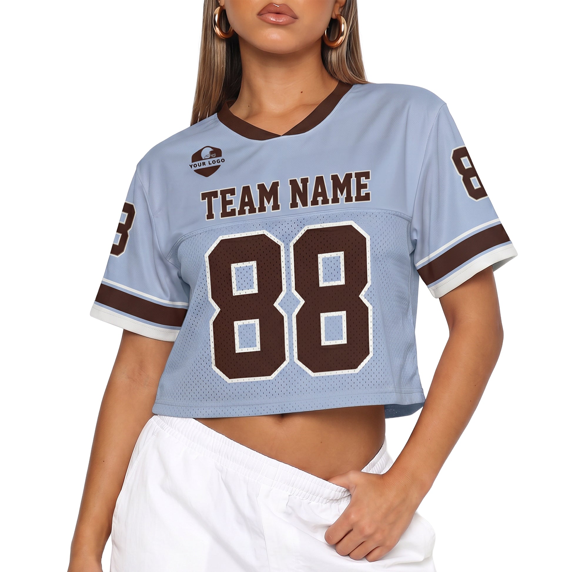 Custom Women's Crop Football Jersey Baby Blue and Brown - Design Your Own
