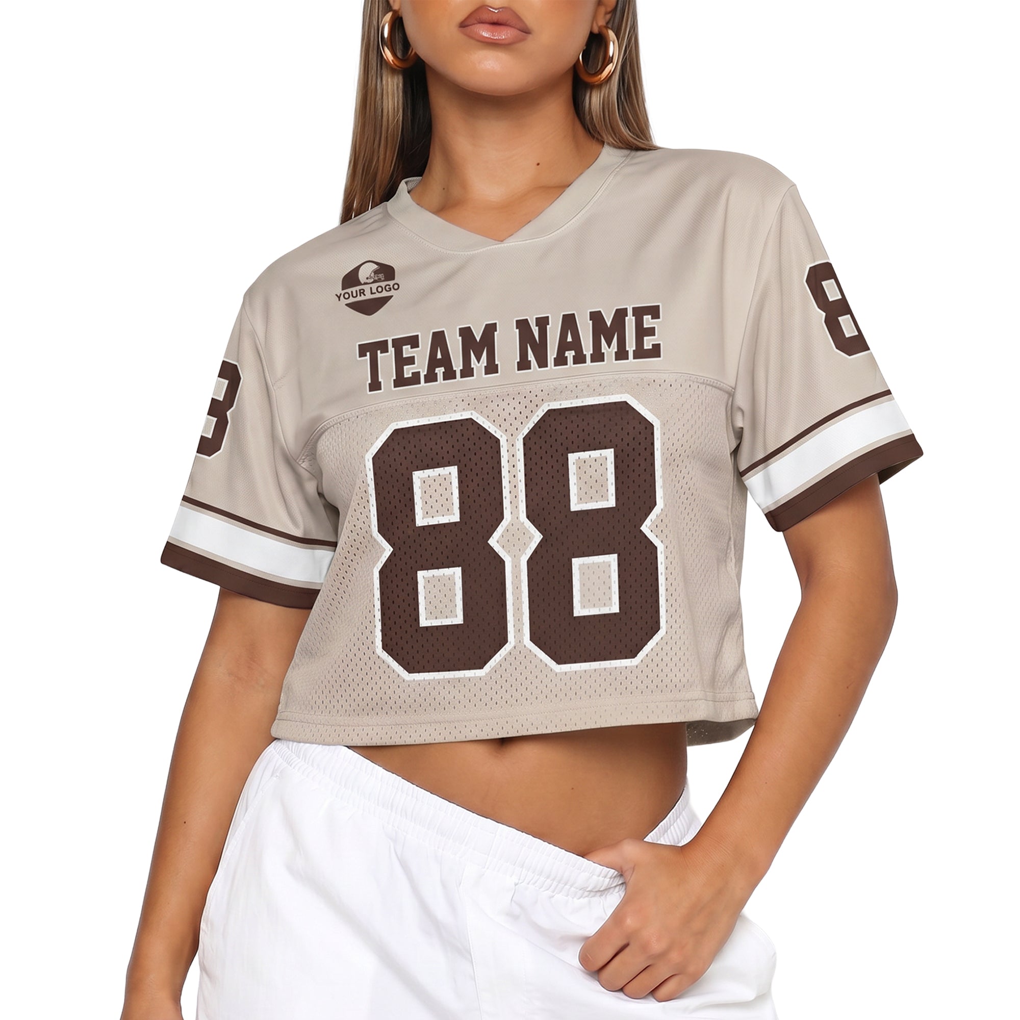 Custom Women's Crop Football Jersey Beige and Brown - Design Your Own