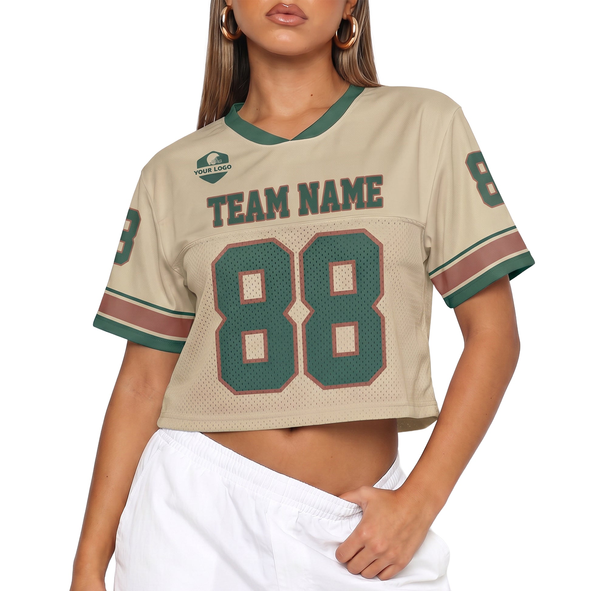 Custom Women's Crop Football Jersey Beige and Green - Design Your Own