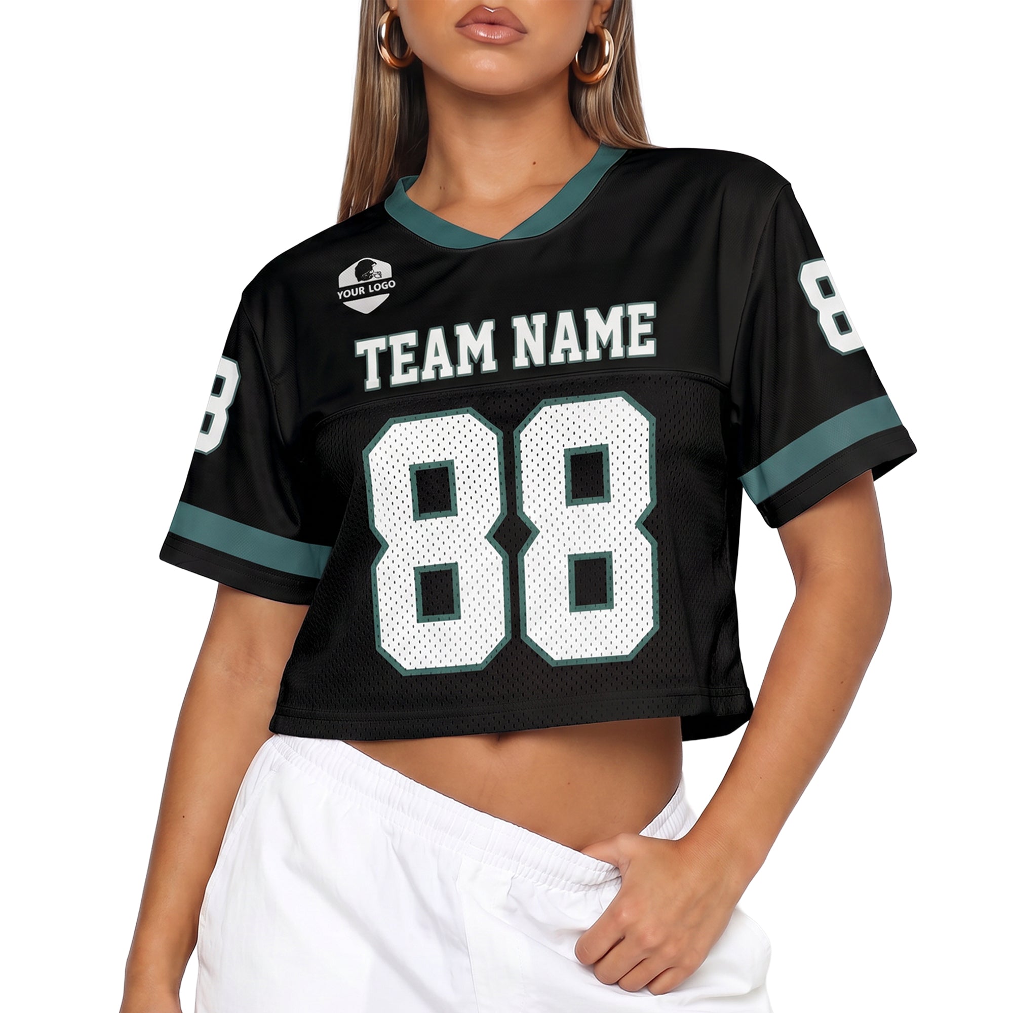 Custom Women's Crop Football Jersey Black and Green - Design Your Own