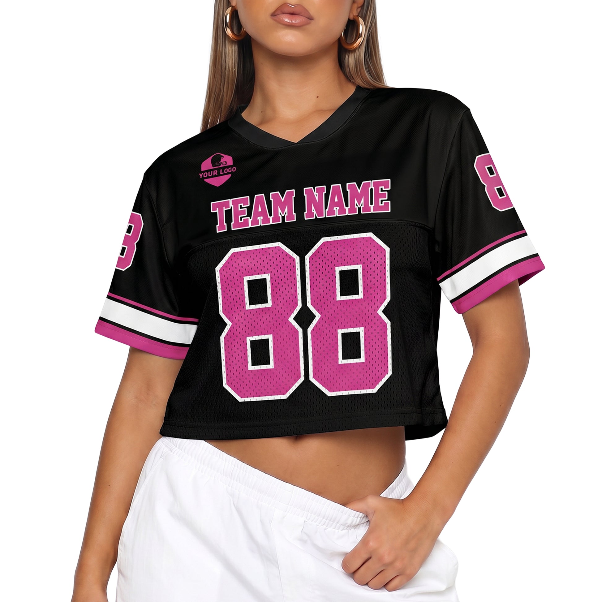 Custom Women's Crop Football Jersey Black and Pink - Design Your Own