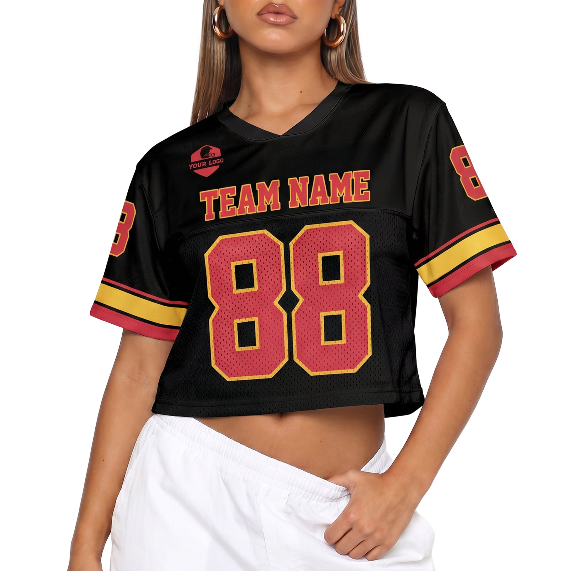 Custom Women's Crop Football Jersey Black Red and Yellow - Design Your Own
