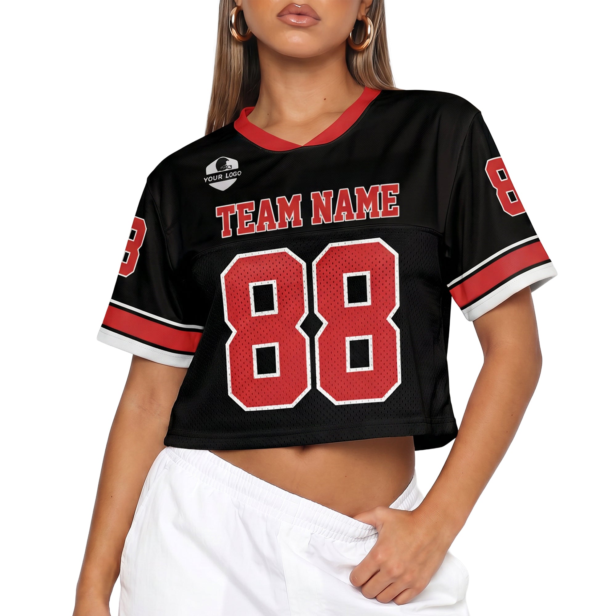 Custom Women's Crop Football Jersey Black and Red - Design Your Own
