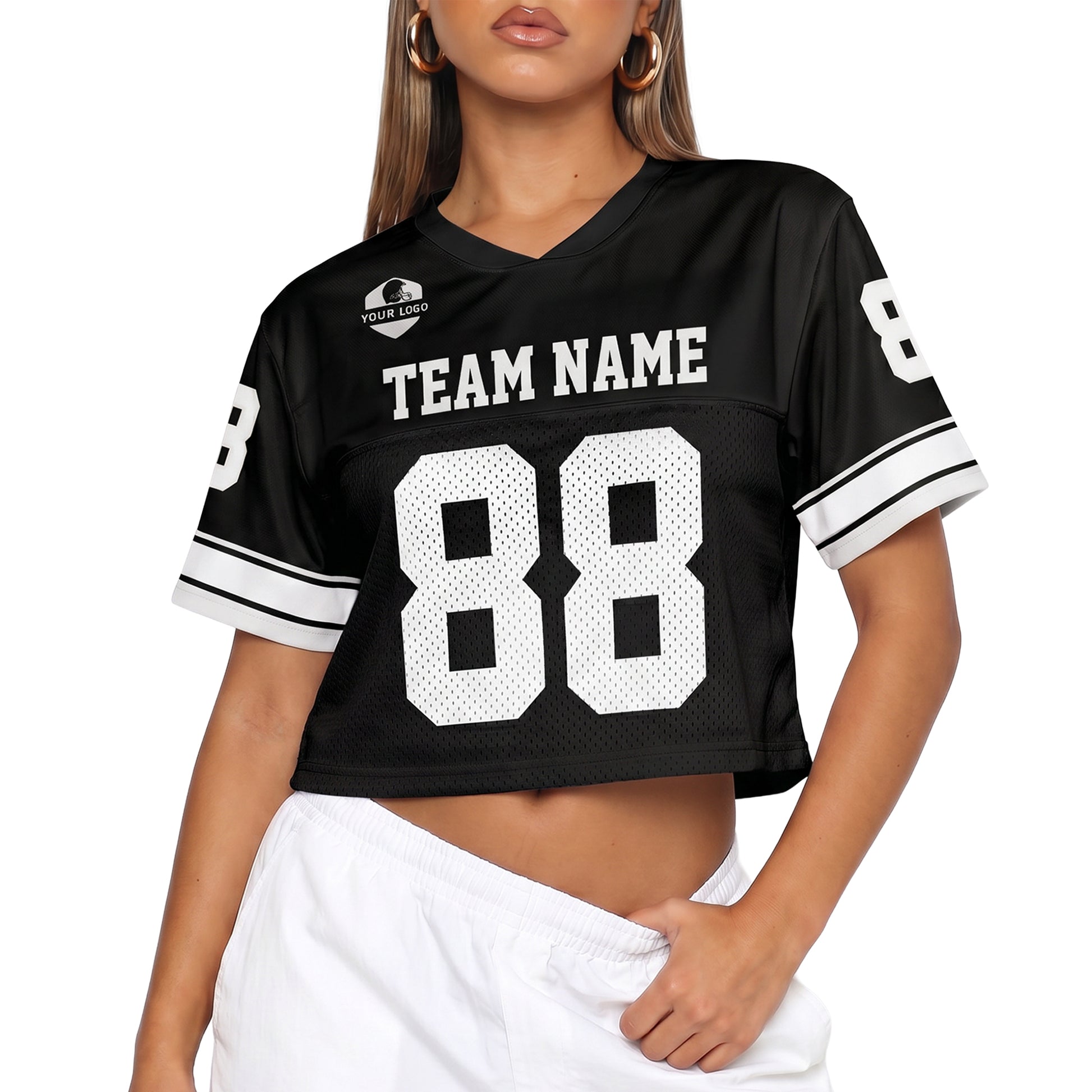 Custom Women's Crop Football Jersey Black and White - Design Your Own