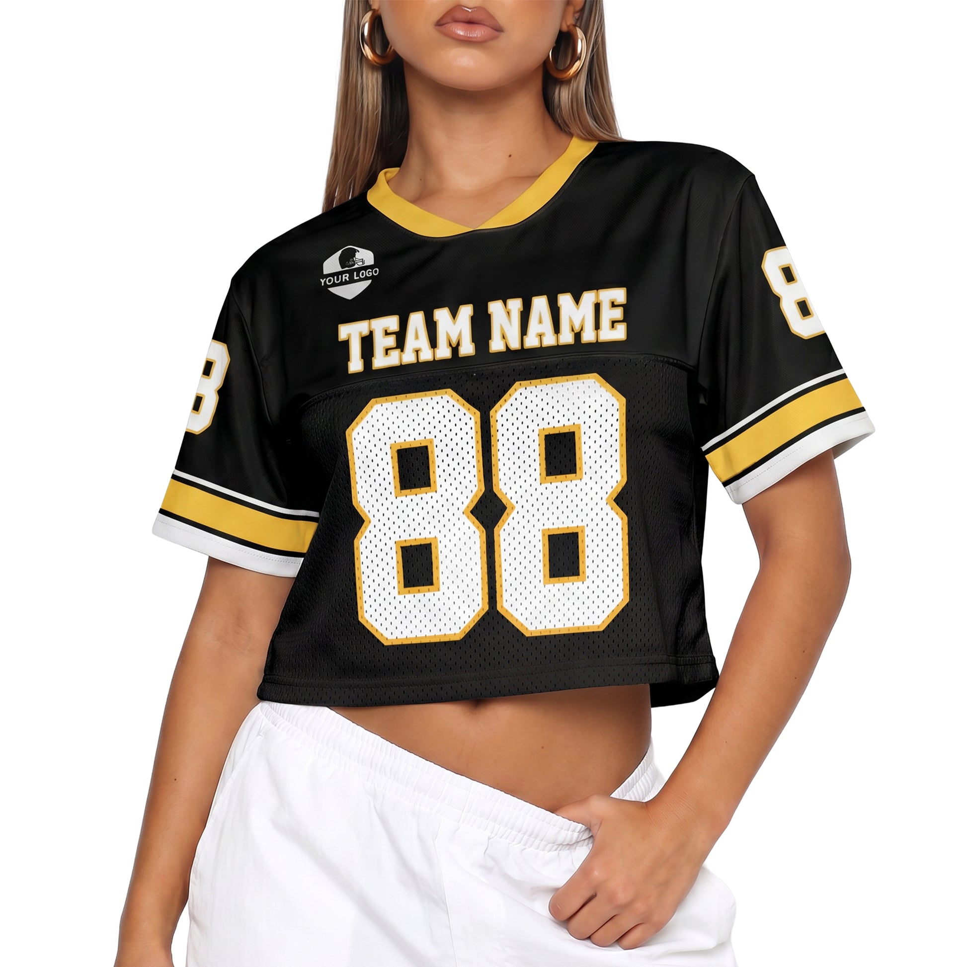Custom Women's Crop Football Jersey Black and Yellow - Design Your Own