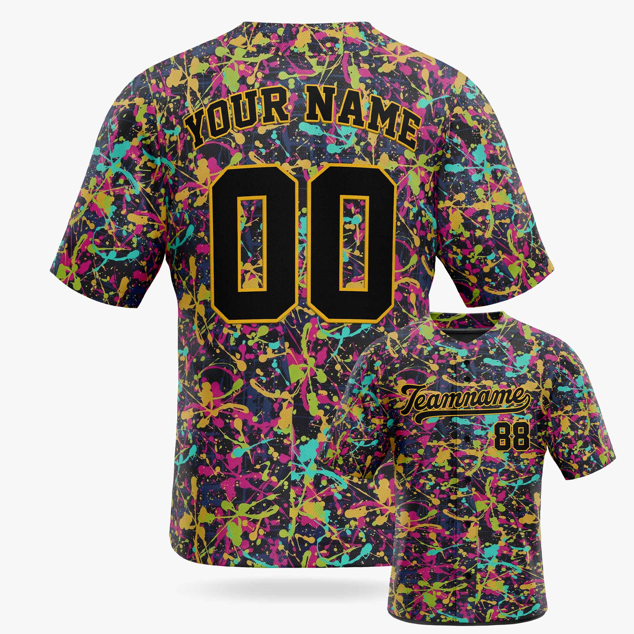 Custom Baseball Jersey Black and Gold Paint Splatter - Design Your Own