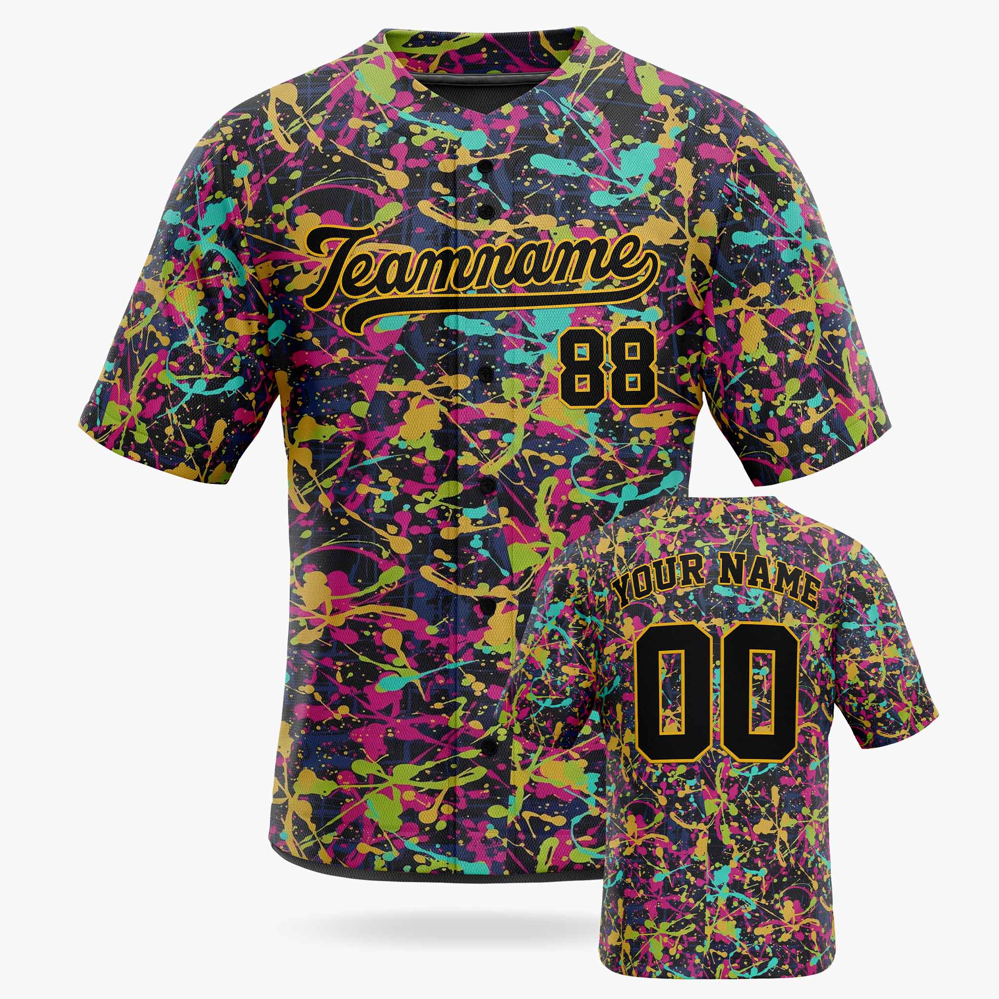 Custom Baseball Jersey Black and Gold Paint Splatter - Design Your Own
