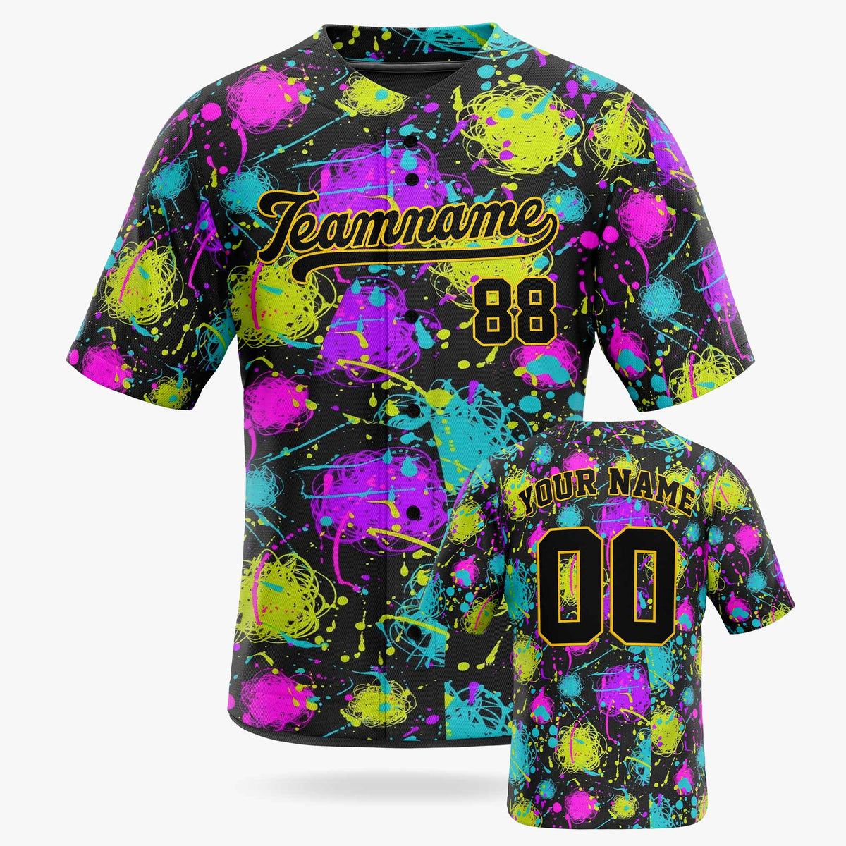 Custom Baseball Jersey Black and Yellow Graffiti - Design Your Own