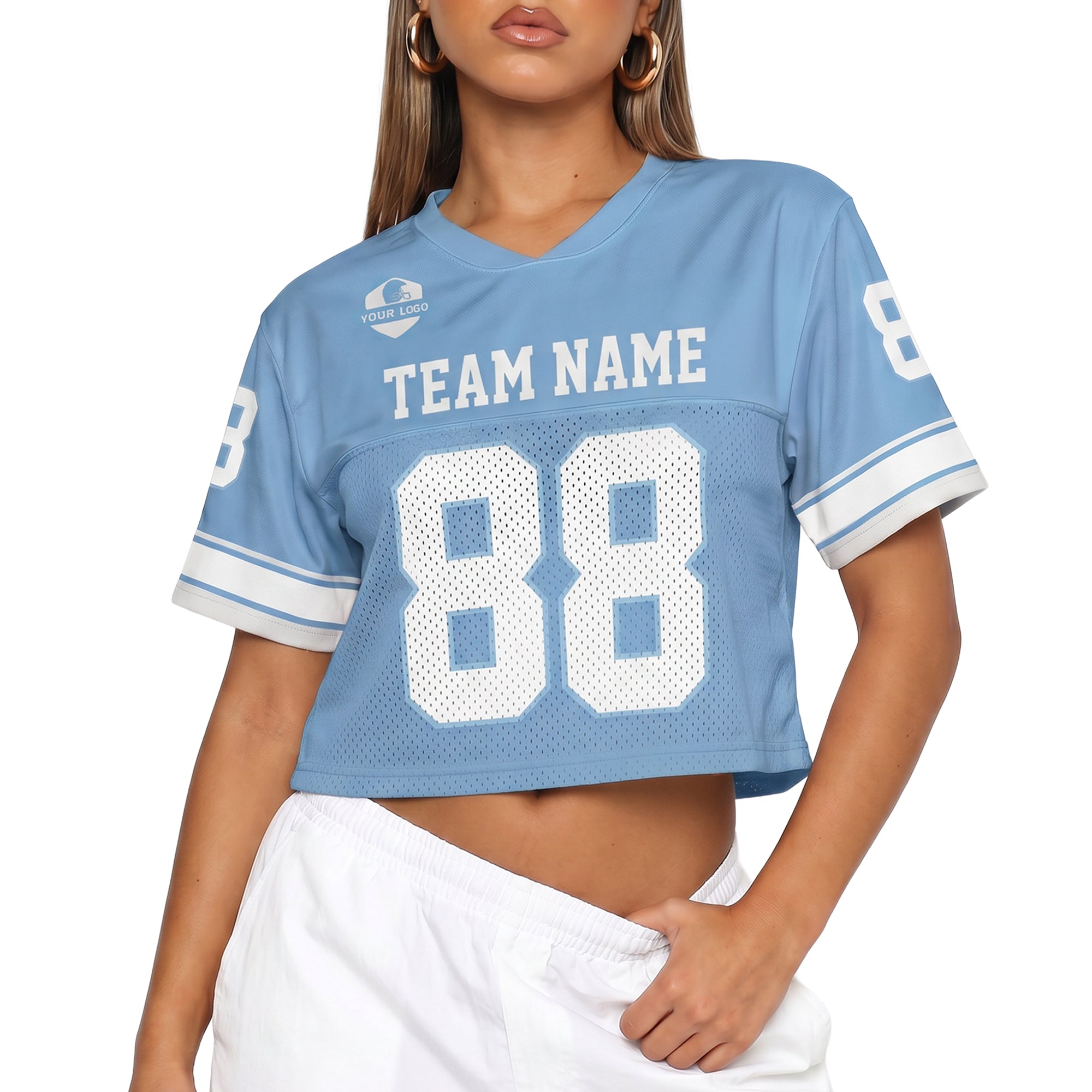 Custom Women's Crop Football Jersey Light Blue and White - Design Your Own