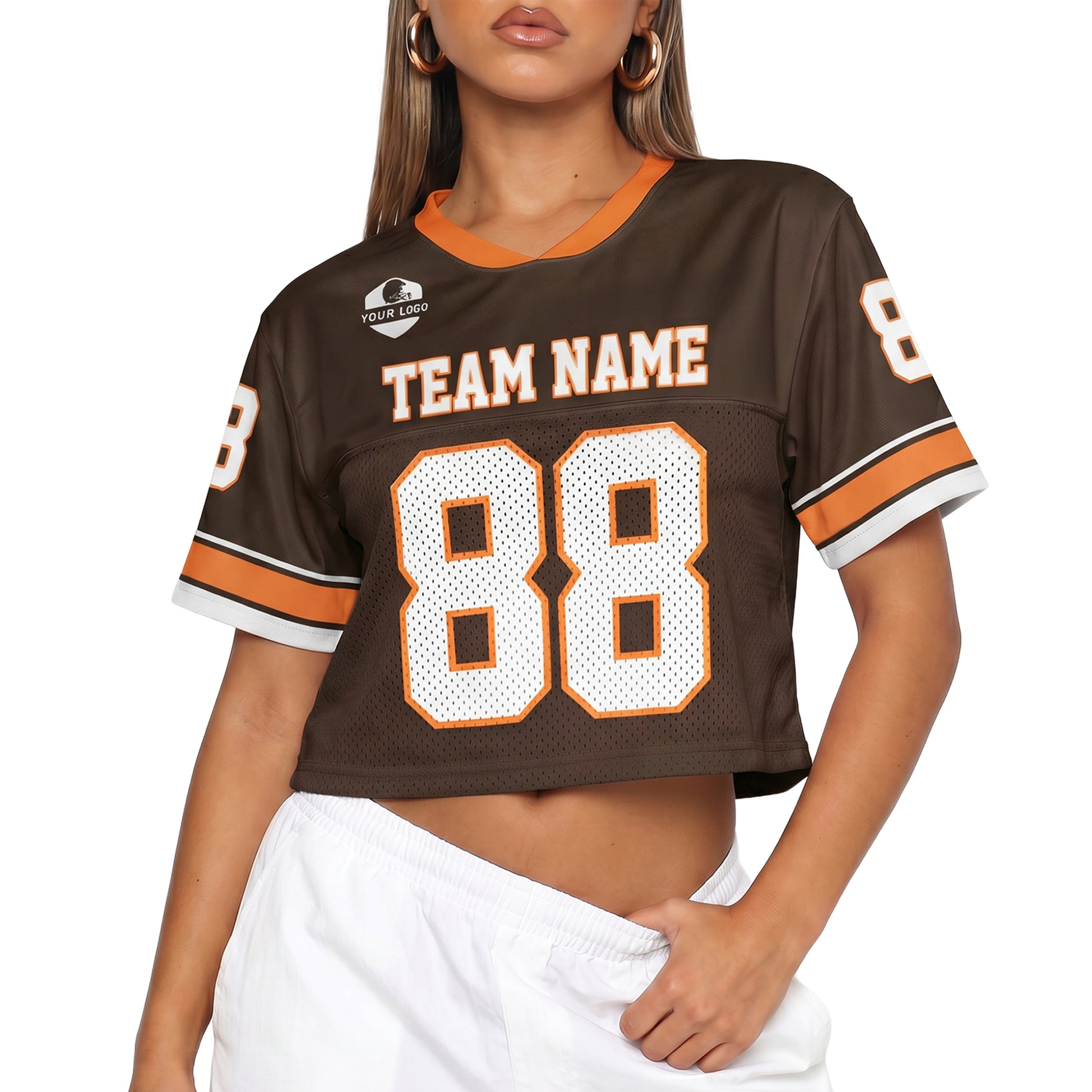 Custom Women's Crop Football Jersey Brown and Orange - Design Your Own