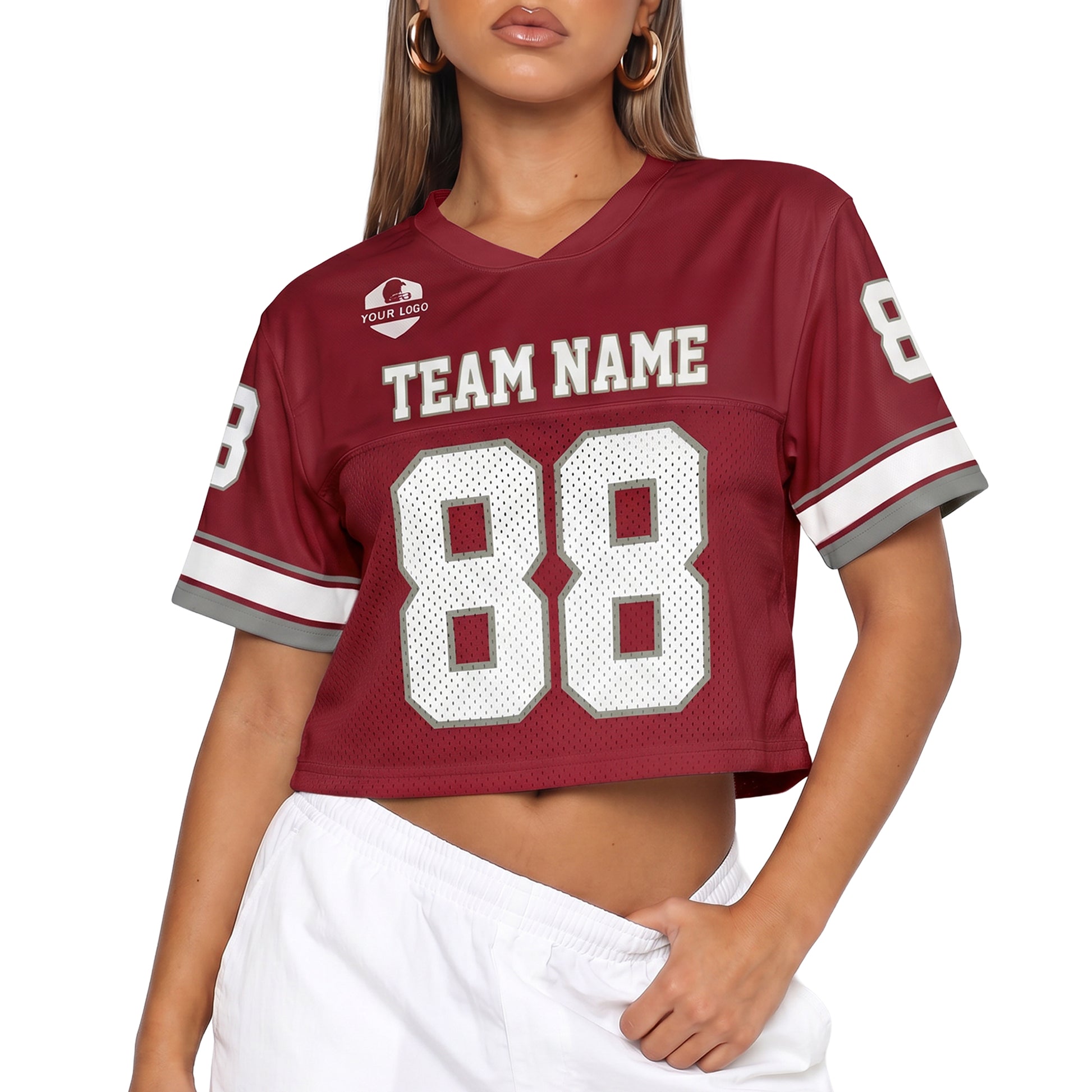Custom Women's Crop Football Jersey Burgundy and White - Design Your Own