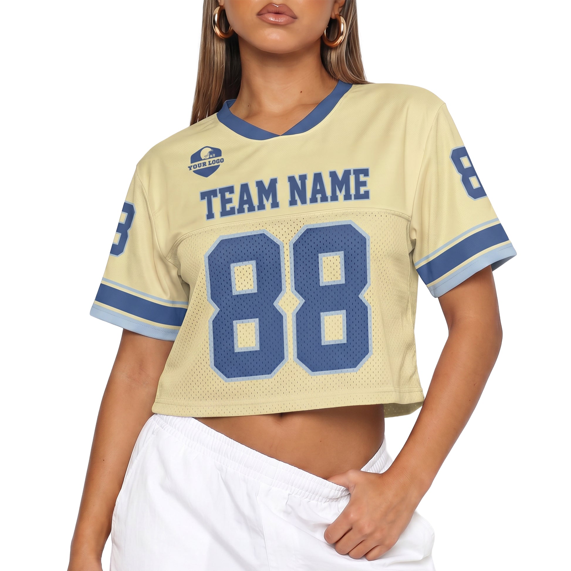 Custom Women's Crop Football Jersey Butter Yellow and Blue - Design Your Own