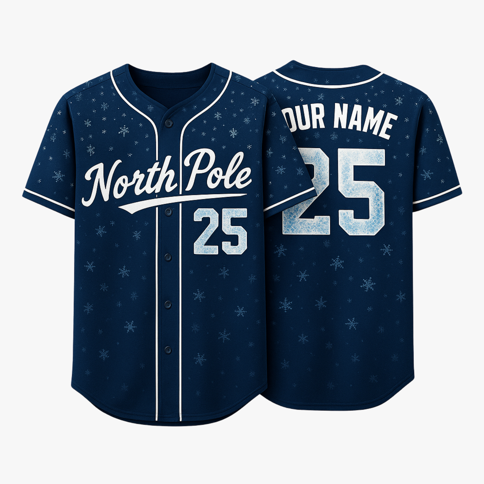 Custom Christmas Baseball Jersey Snowflake Navy with White Piping - Design Your Own